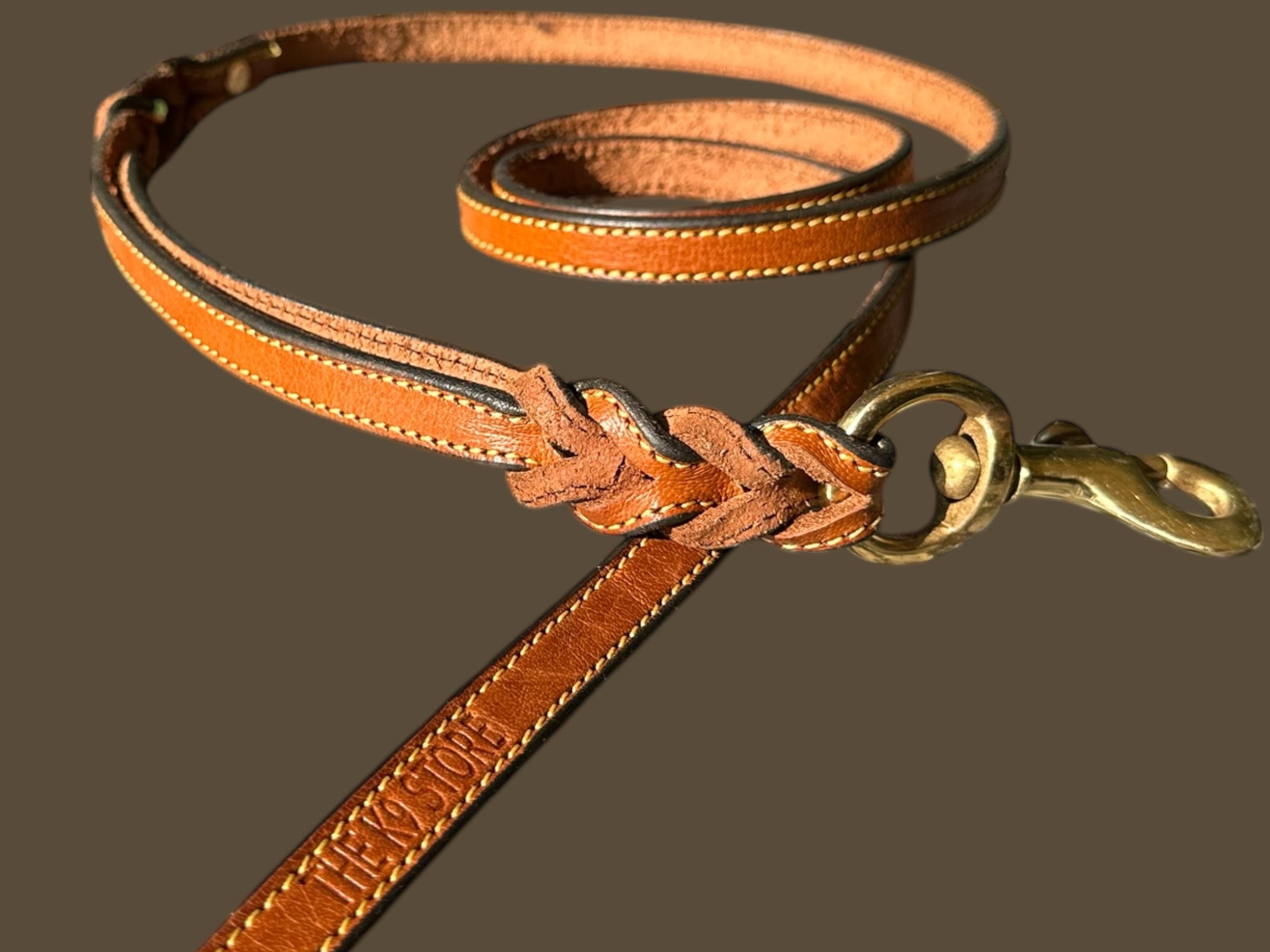 The K9 Store Premium Leather Double Handle Sleek Dog Leash, 6 Feet Long With Brass Hooks in Tan Brown Color For All Dog Breeds