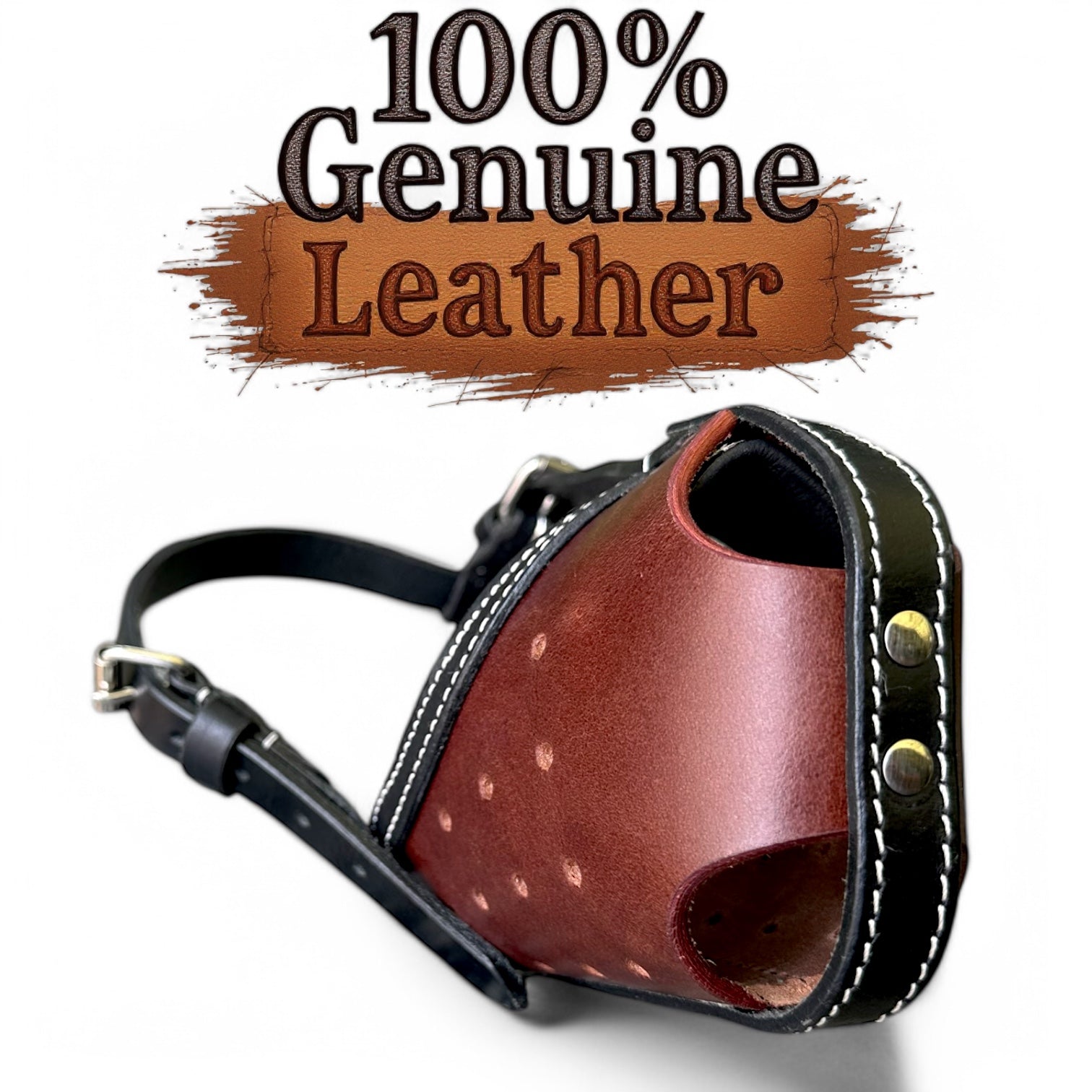 The K9 Store Premium Leather Dog Muzzle, Handstitched Mask for Gaint, Large & Medium Dog Breeds in Black/Tan Color