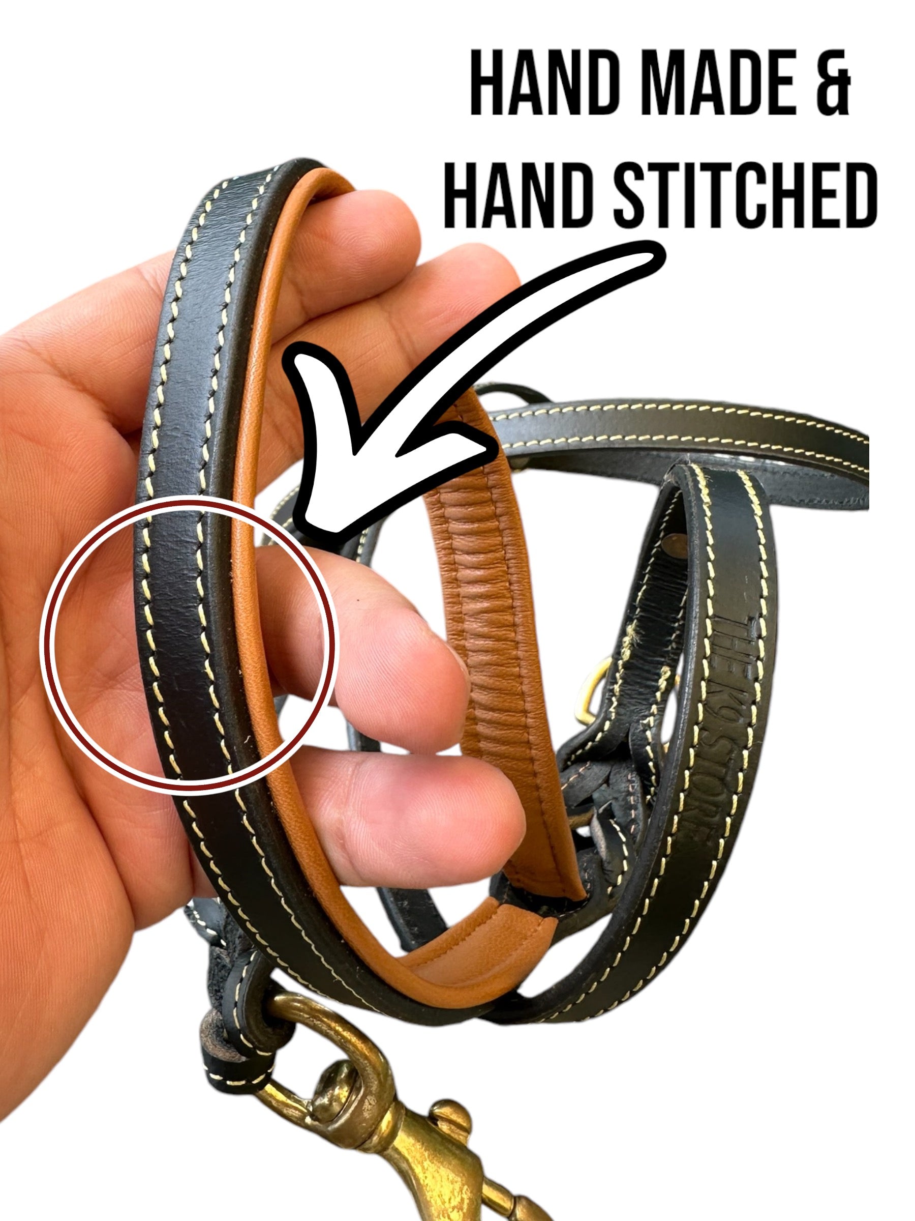 The K9 Store Premium Leather Double Handle Dog Leash, 6 Feet Long With Brass Hooks in Black Color For All Dog Breeds