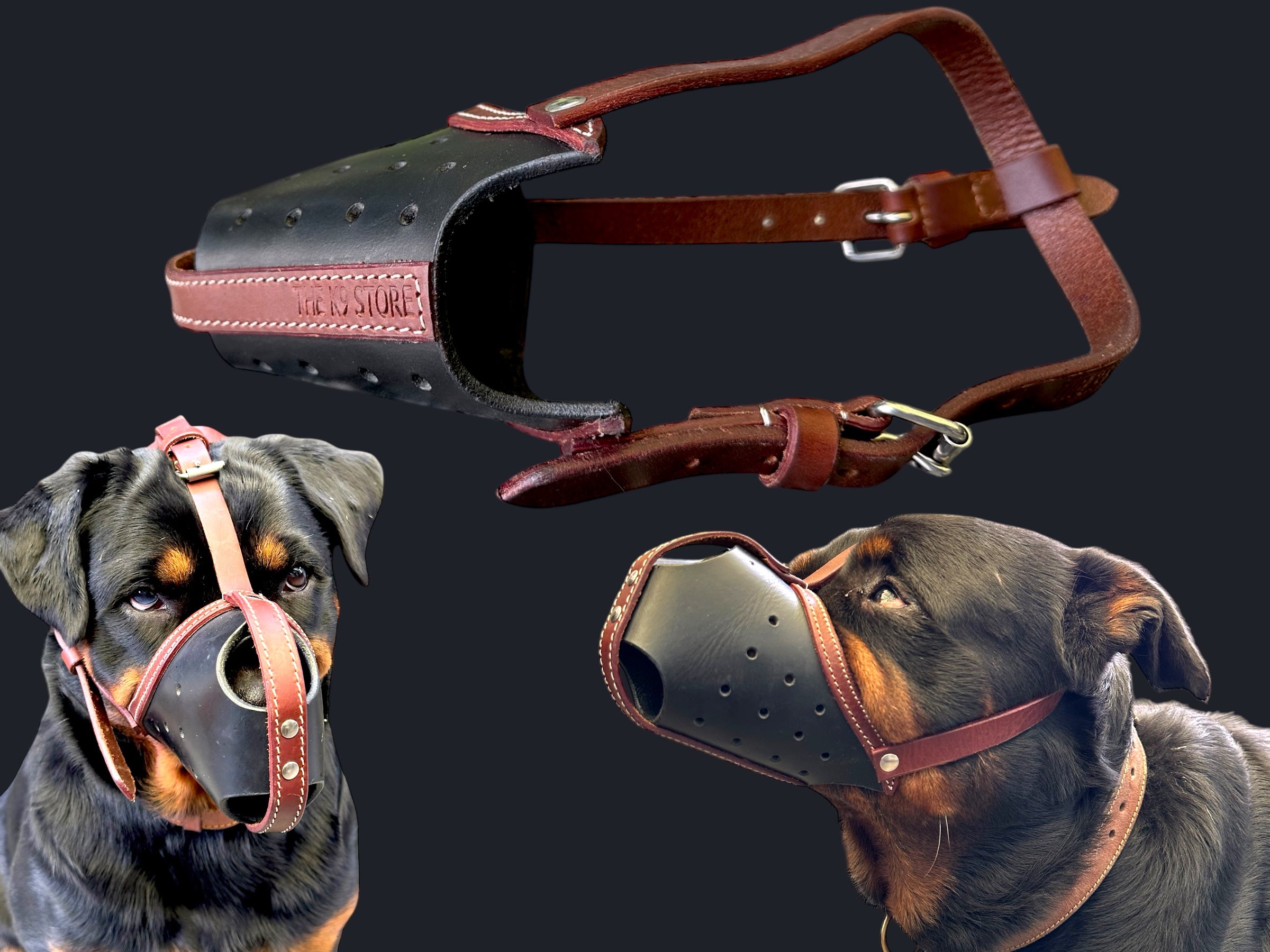 The K9 Store Premium Leather Dog Muzzle, Handstitched Mask for Gaint, Large & Medium Dog Breeds in Black/Tan Color