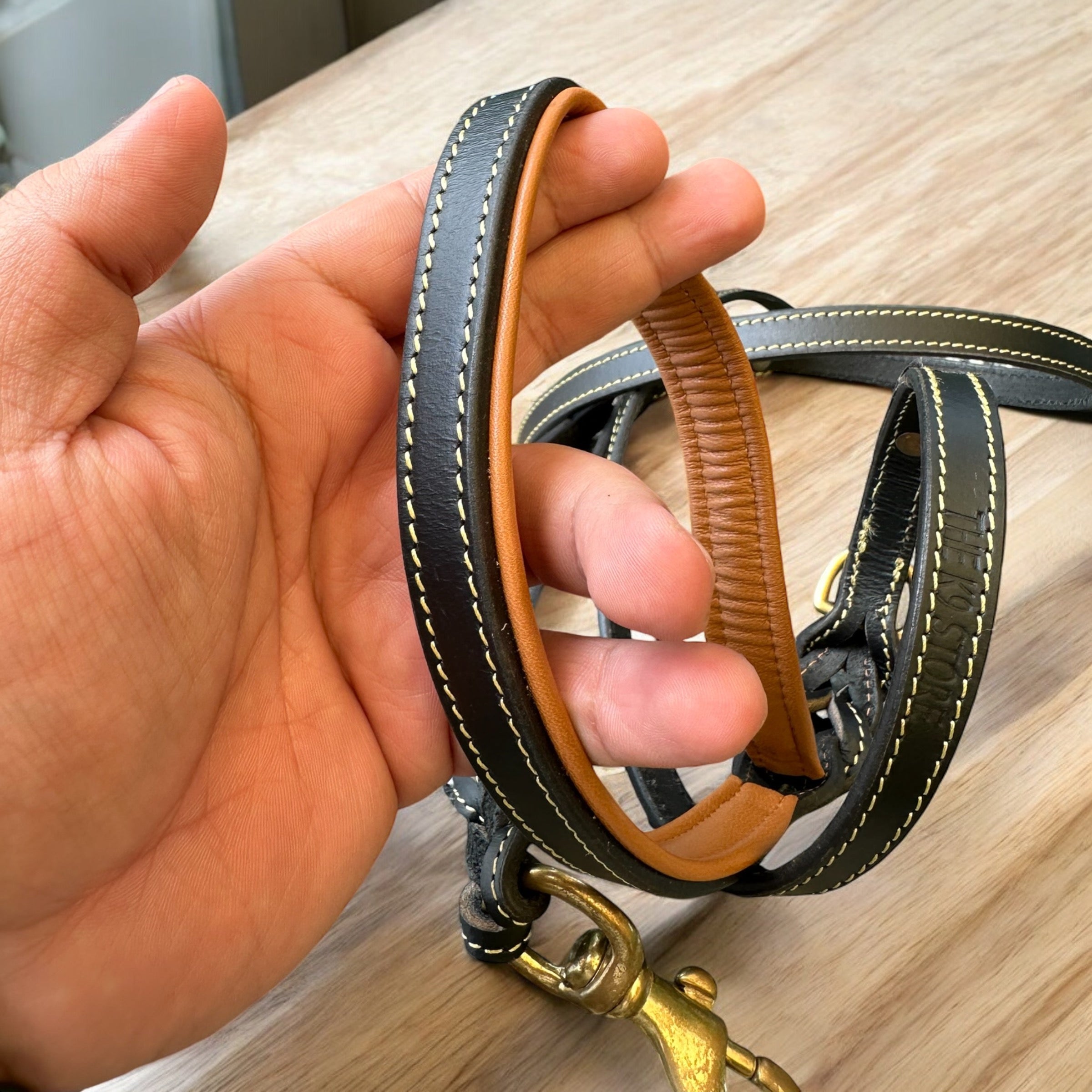 The K9 Store Premium Leather Double Handle Dog Leash, 6 Feet Long With Brass Hooks in Black Color For All Dog Breeds