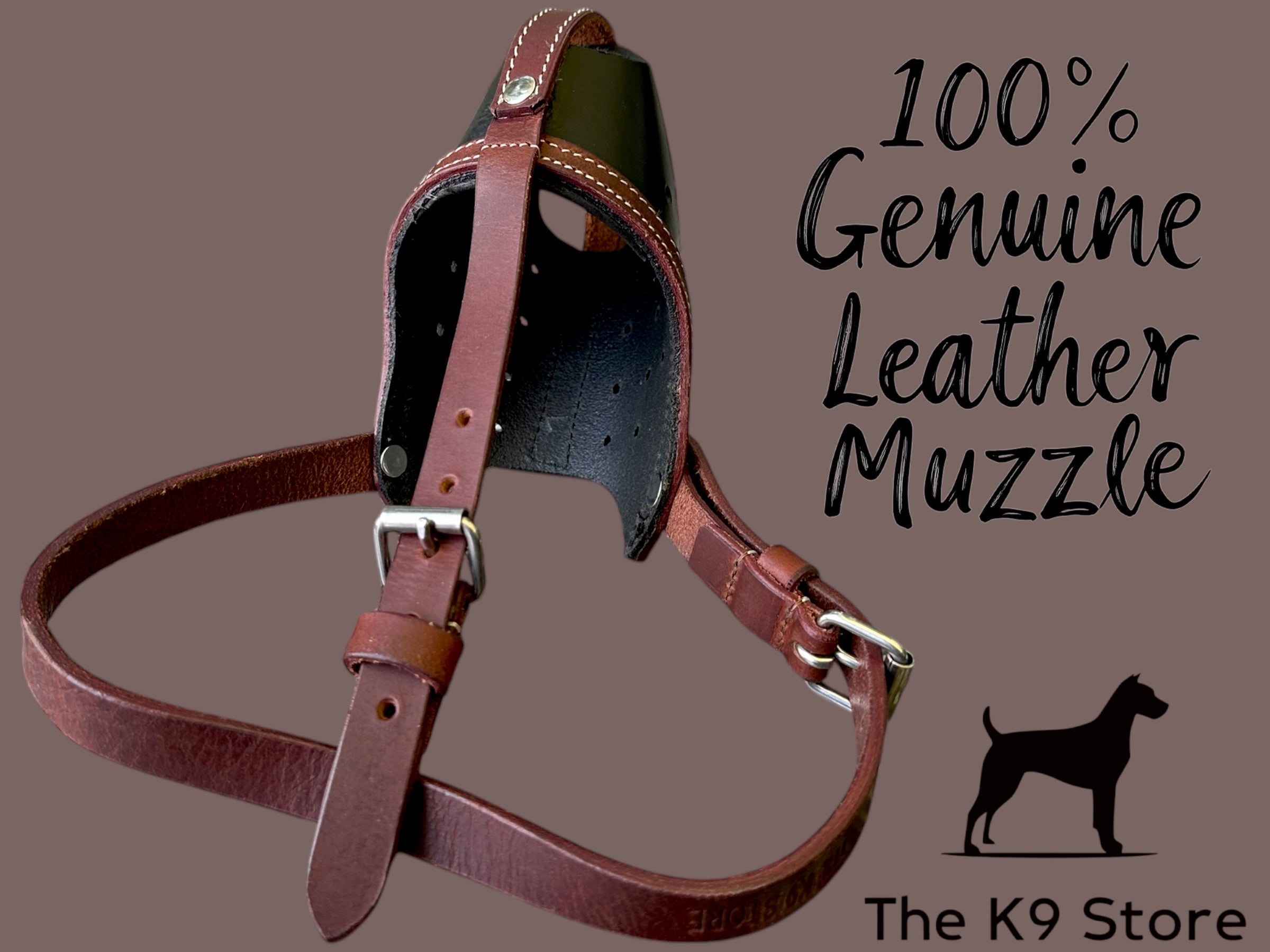 The K9 Store Premium Leather Dog Muzzle, Handstitched Mask for Gaint, Large & Medium Dog Breeds in Black/Tan Color