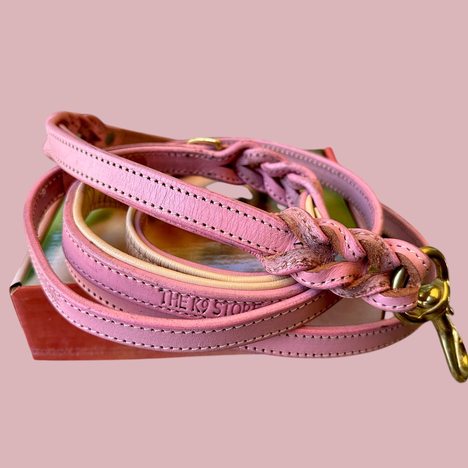 The K9 Store Premium Leather Double Handle Dog Leash, 6 Feet Long With Brass Hooks in Pink Color For All Dog Breeds