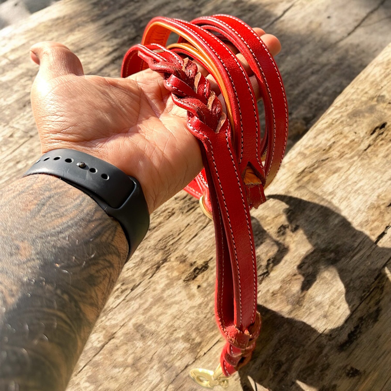 The K9 Store Premium Leather Double Handle Dog Leash, 6 Feet Long With Brass Hooks in Red Color For All Dog Breeds