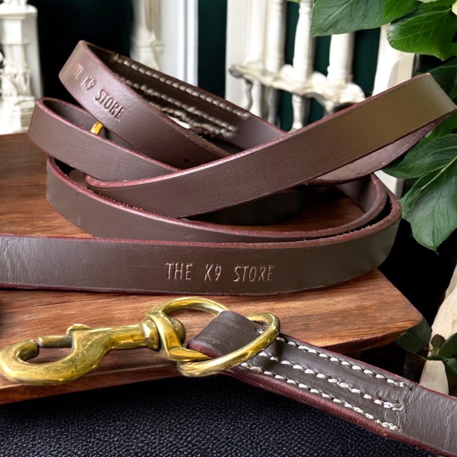 The K9 Store Premium Leather Tri-Stitched Single Handle Dog Leash, 6 Feet Long With Brass Hooks For All Dog Breeds