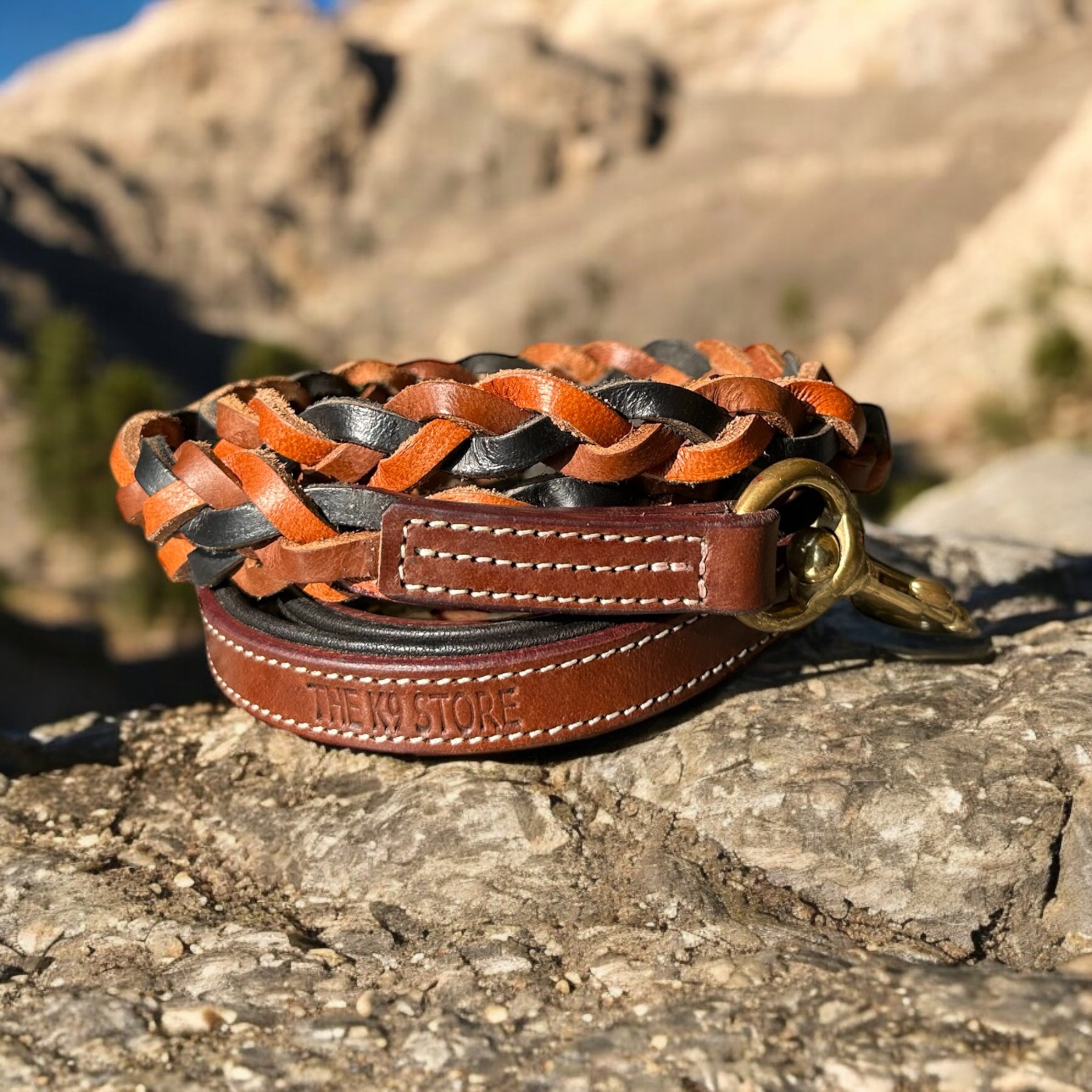 The K9 Store Premium Leather Braided Dog Leash, 5 Feet Long With Brass Hooks In Tricolor (Tan, Chocolate & Black) For All Dog Breeds