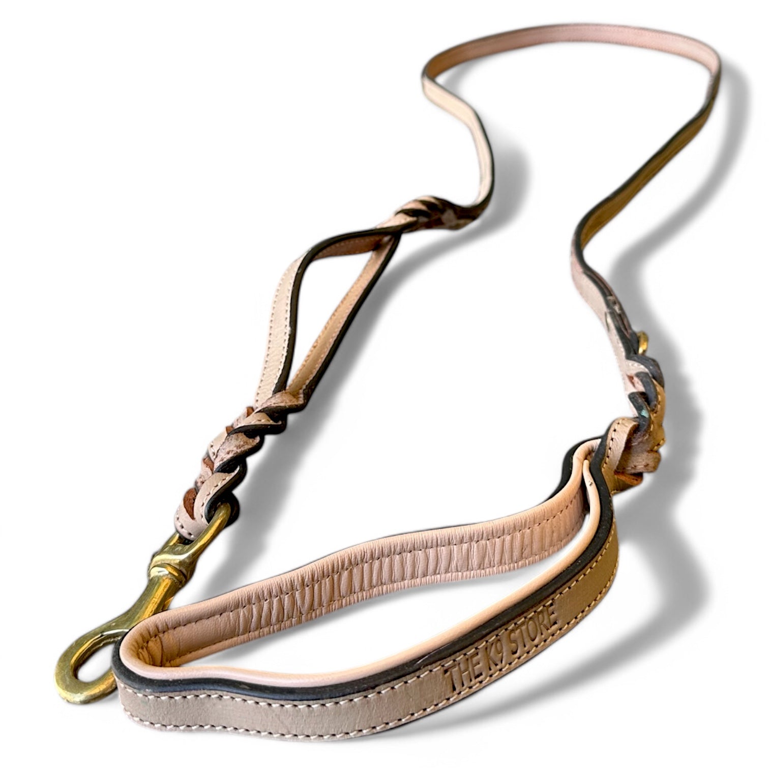 The K9 Store Premium Leather Double Handle Dog Leash, 6 Feet Long With Brass Hooks in Grey Color For All Dog Breeds