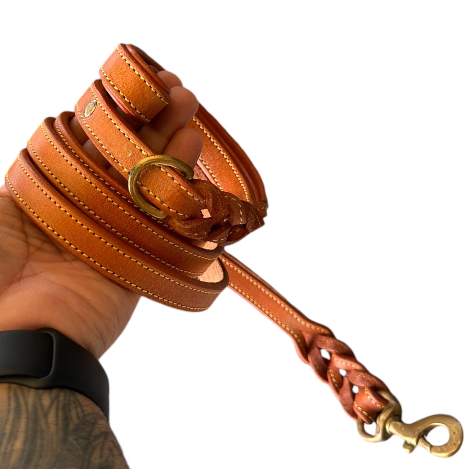 The K9 Store Premium Leather Double Handle Dog Leash, 6 Feet Long With Brass Hooks in Tan Brown Color For All Dog Breeds