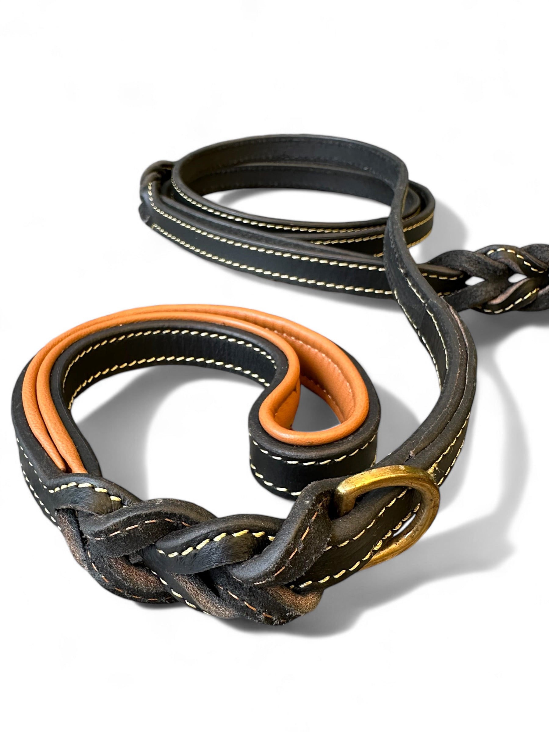 The K9 Store Premium Leather Double Handle Dog Leash, 6 Feet Long With Brass Hooks in Black Color For All Dog Breeds