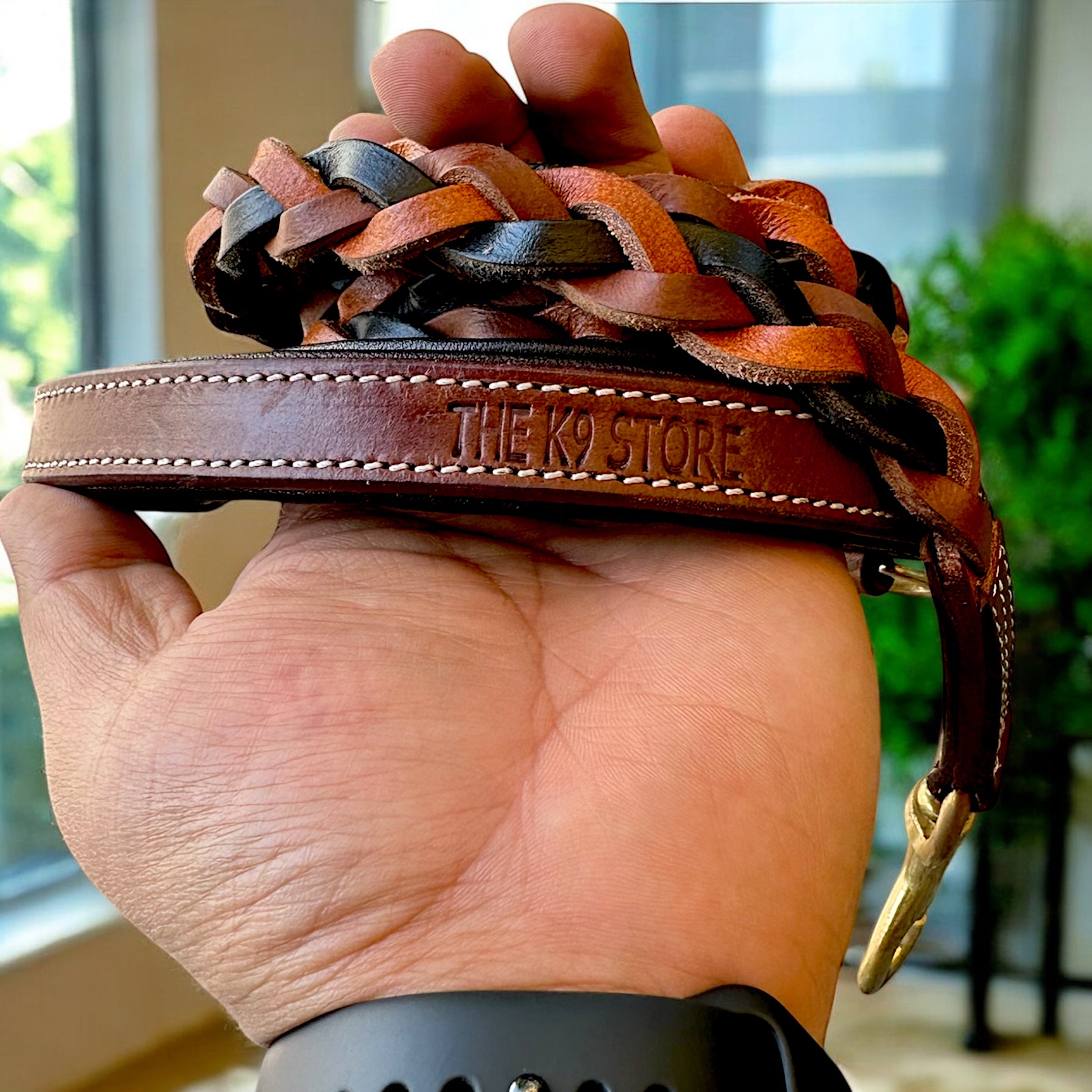 The K9 Store Premium Leather Braided Dog Leash, 5 Feet Long With Brass Hooks In Tricolor (Tan, Chocolate & Black) For All Dog Breeds