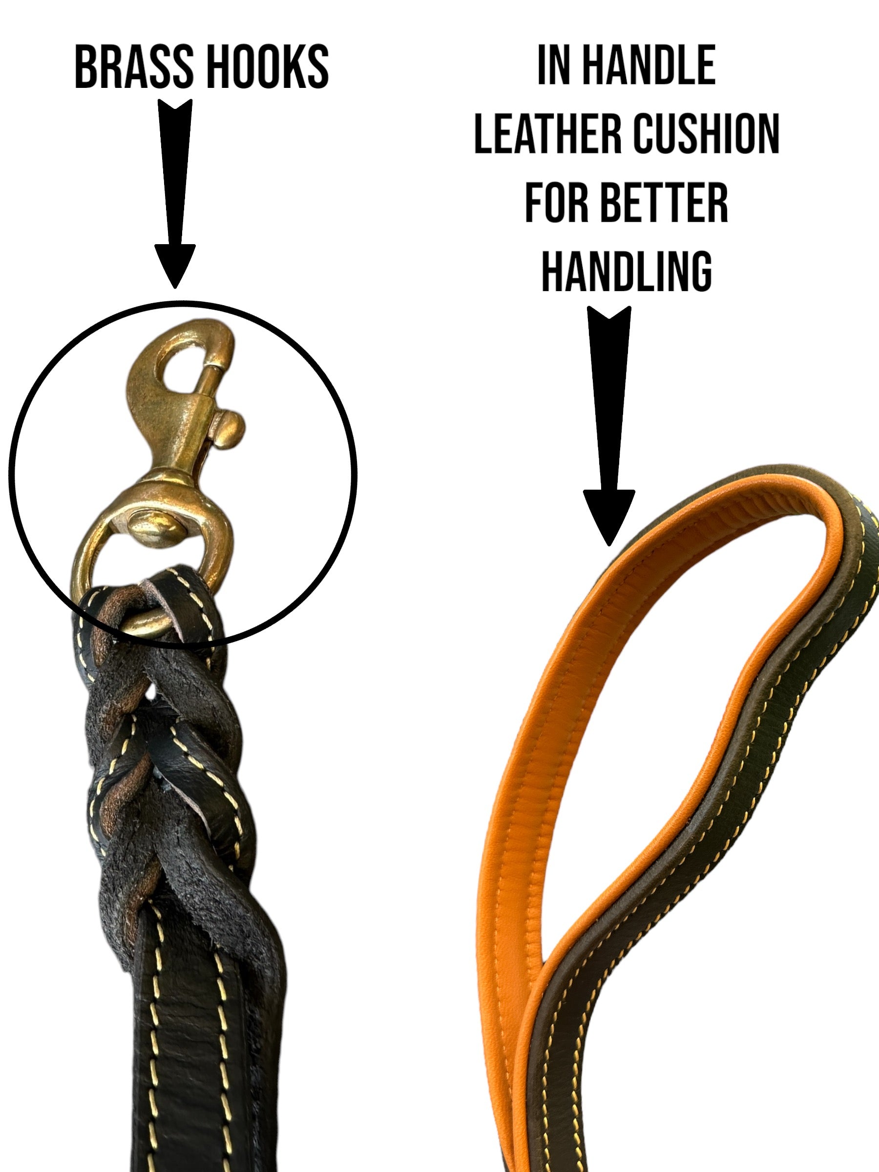 The K9 Store Premium Leather Double Handle Dog Leash, 6 Feet Long With Brass Hooks in Black Color For All Dog Breeds