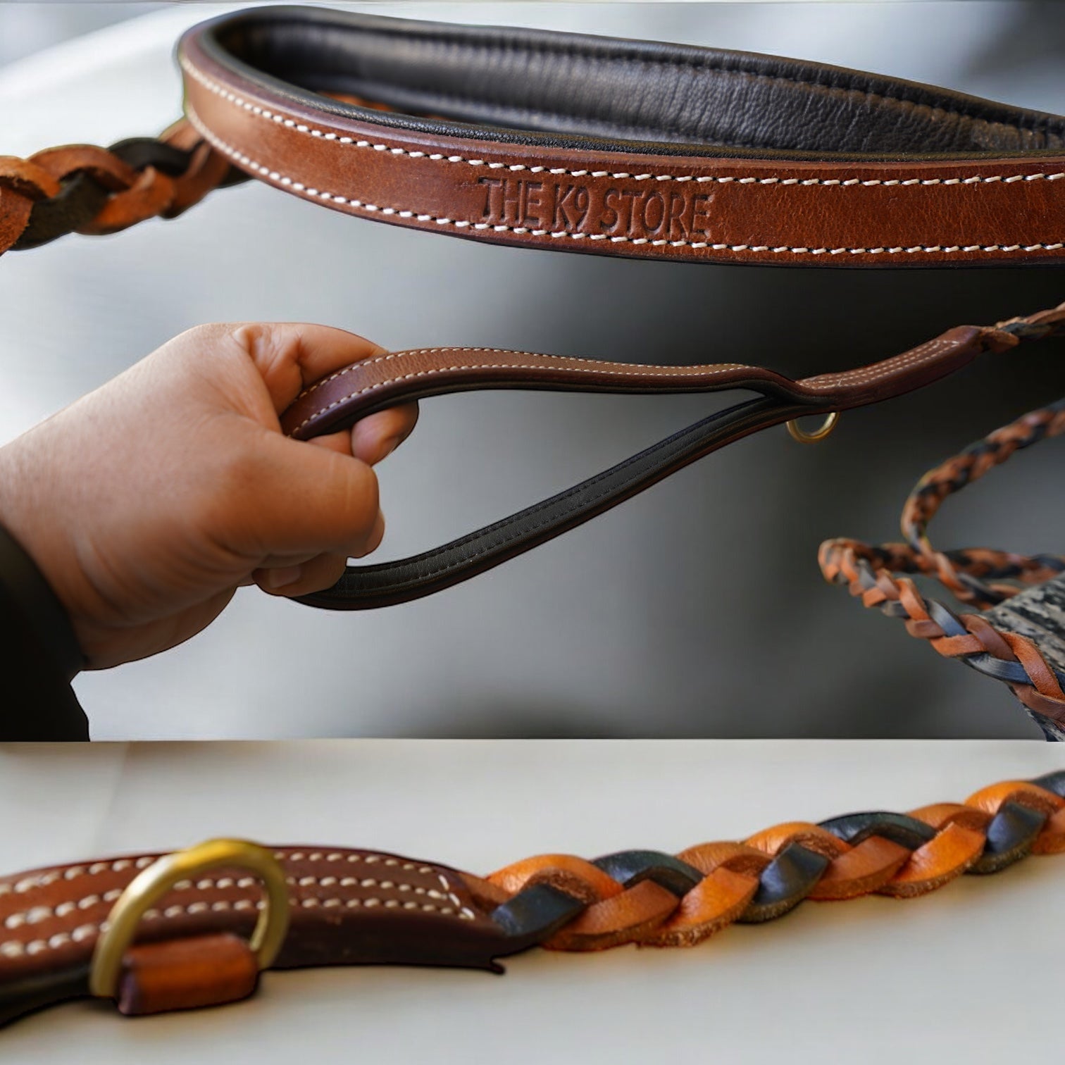 The K9 Store Premium Leather Braided Dog Leash, 5 Feet Long With Brass Hooks In Tricolor (Tan, Chocolate & Black) For All Dog Breeds