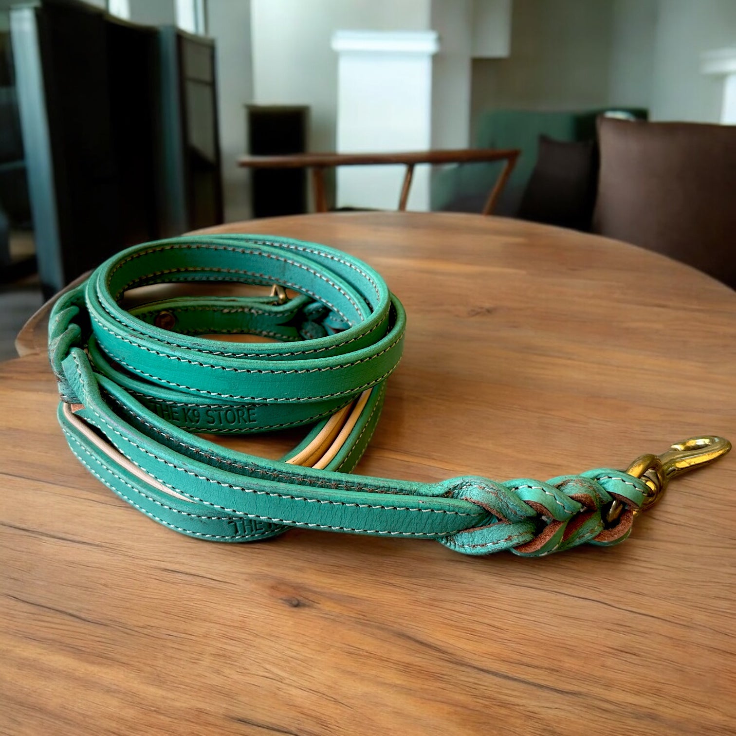 The K9 Store Premium Leather Double Handle Dog Leash, 6 Feet Long With Brass Hooks in Green Mint Color For All Dog Breeds