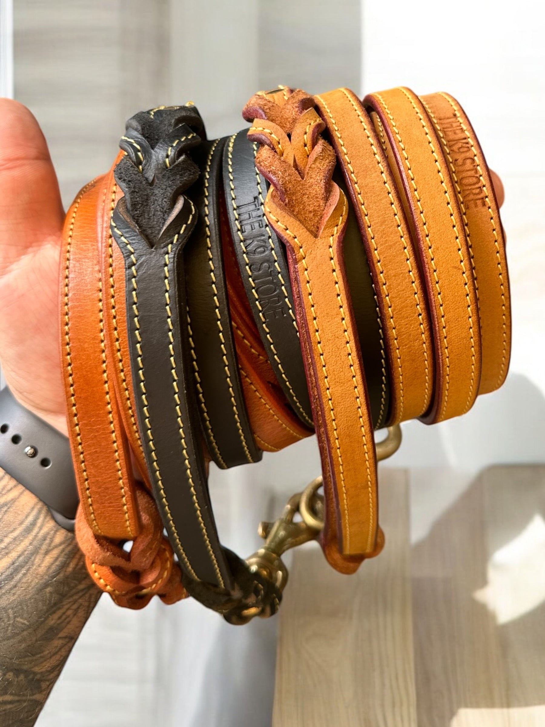 The K9 Store Premium Leather Double Handle Dog Leash, 6 Feet Long With Brass Hooks in Tan Brown Color For All Dog Breeds
