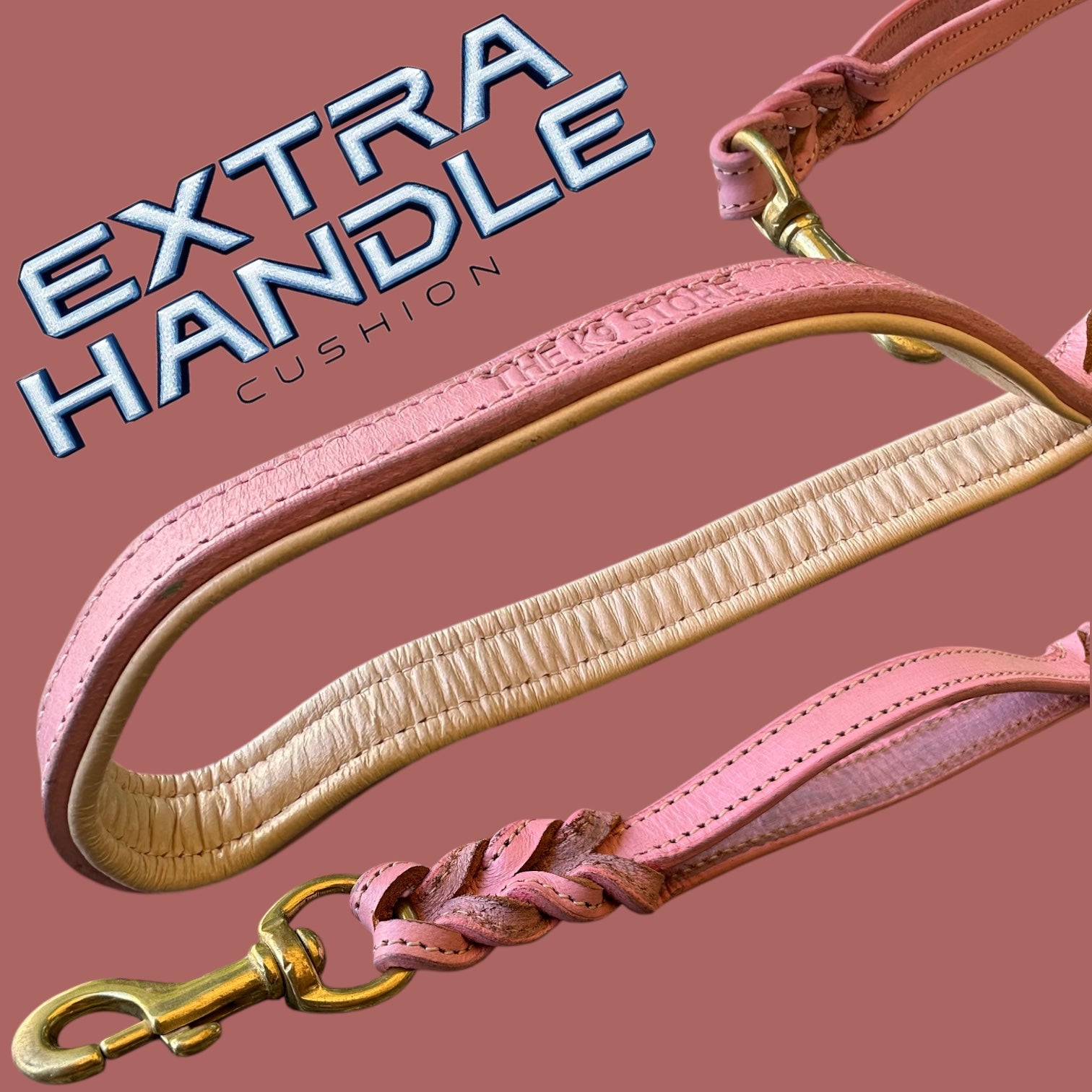 The K9 Store Premium Leather Double Handle Dog Leash, 6 Feet Long With Brass Hooks in Pink Color For All Dog Breeds