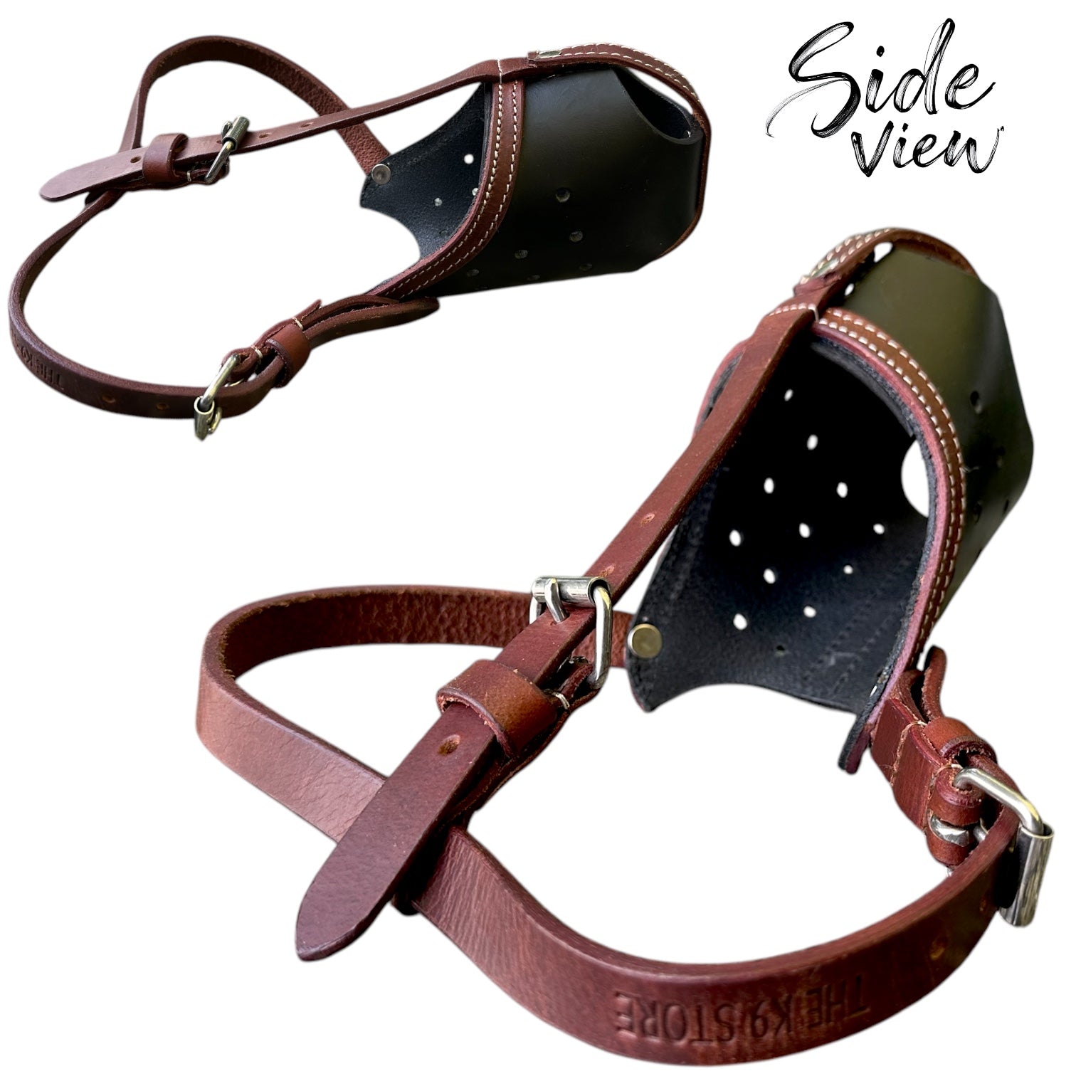 The K9 Store Premium Leather Dog Muzzle, Handstitched Mask for Gaint, Large & Medium Dog Breeds in Black/Tan Color