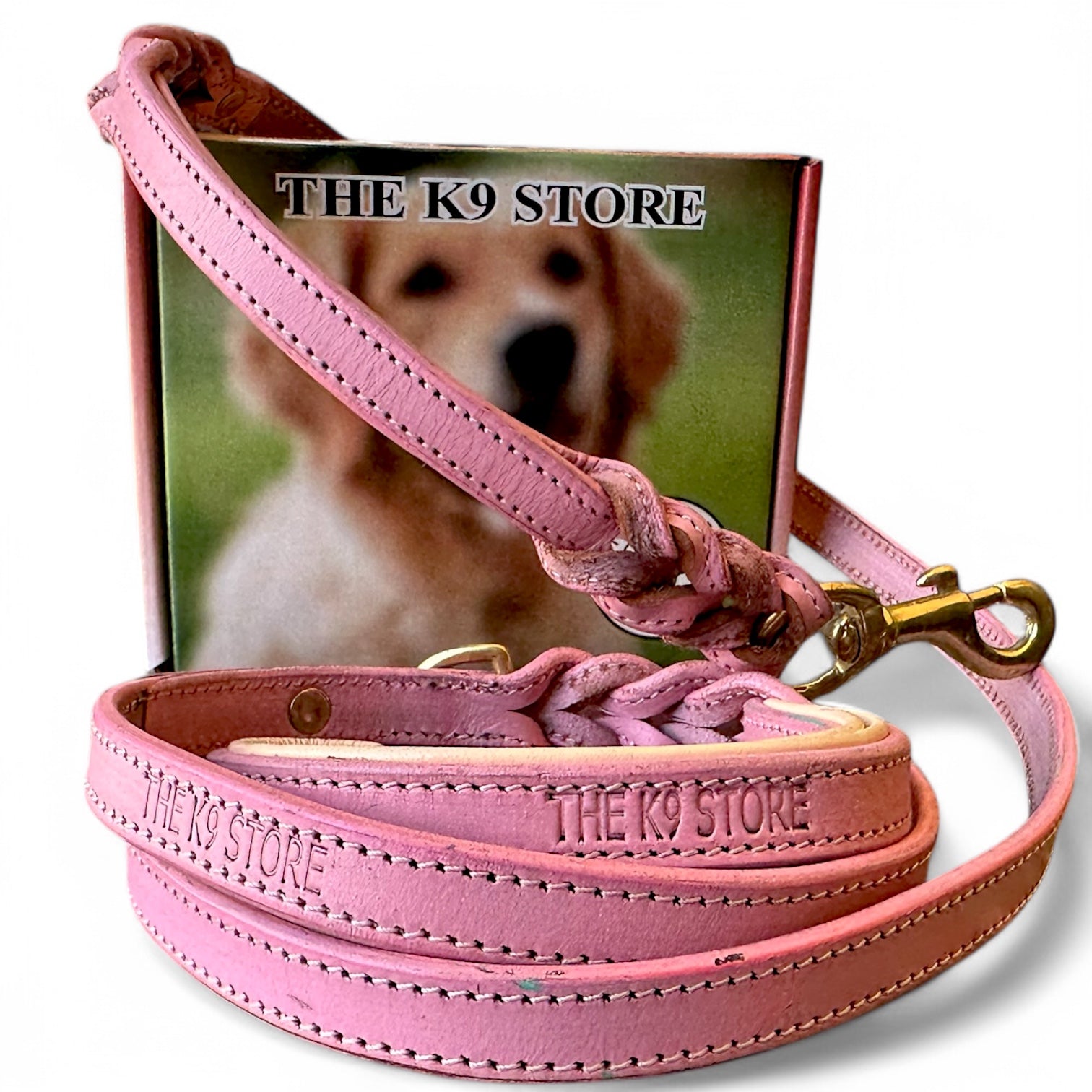 The K9 Store Premium Leather Double Handle Dog Leash, 6 Feet Long With Brass Hooks in Pink Color For All Dog Breeds