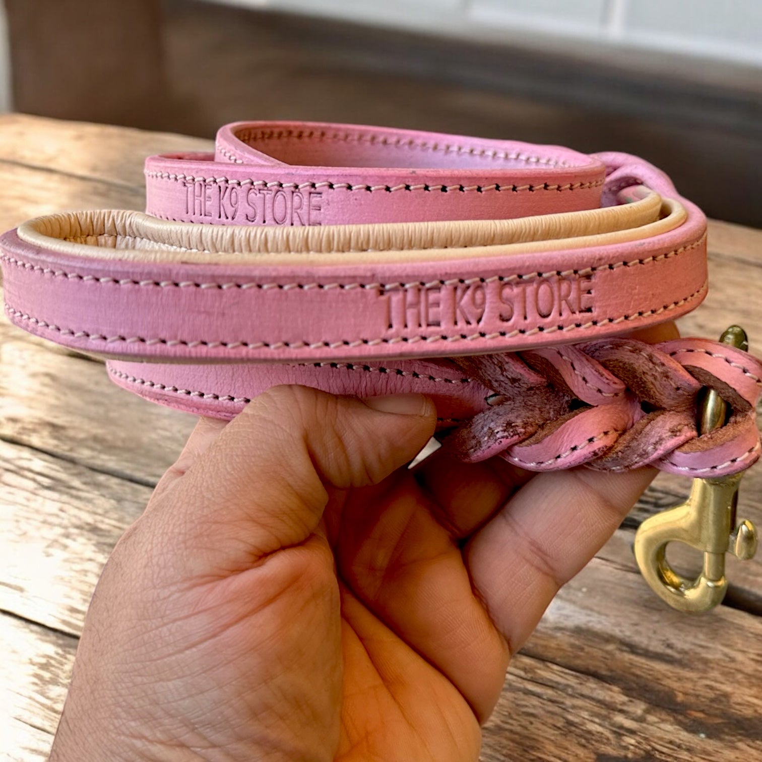 The K9 Store Premium Leather Double Handle Dog Leash, 6 Feet Long With Brass Hooks in Pink Color For All Dog Breeds