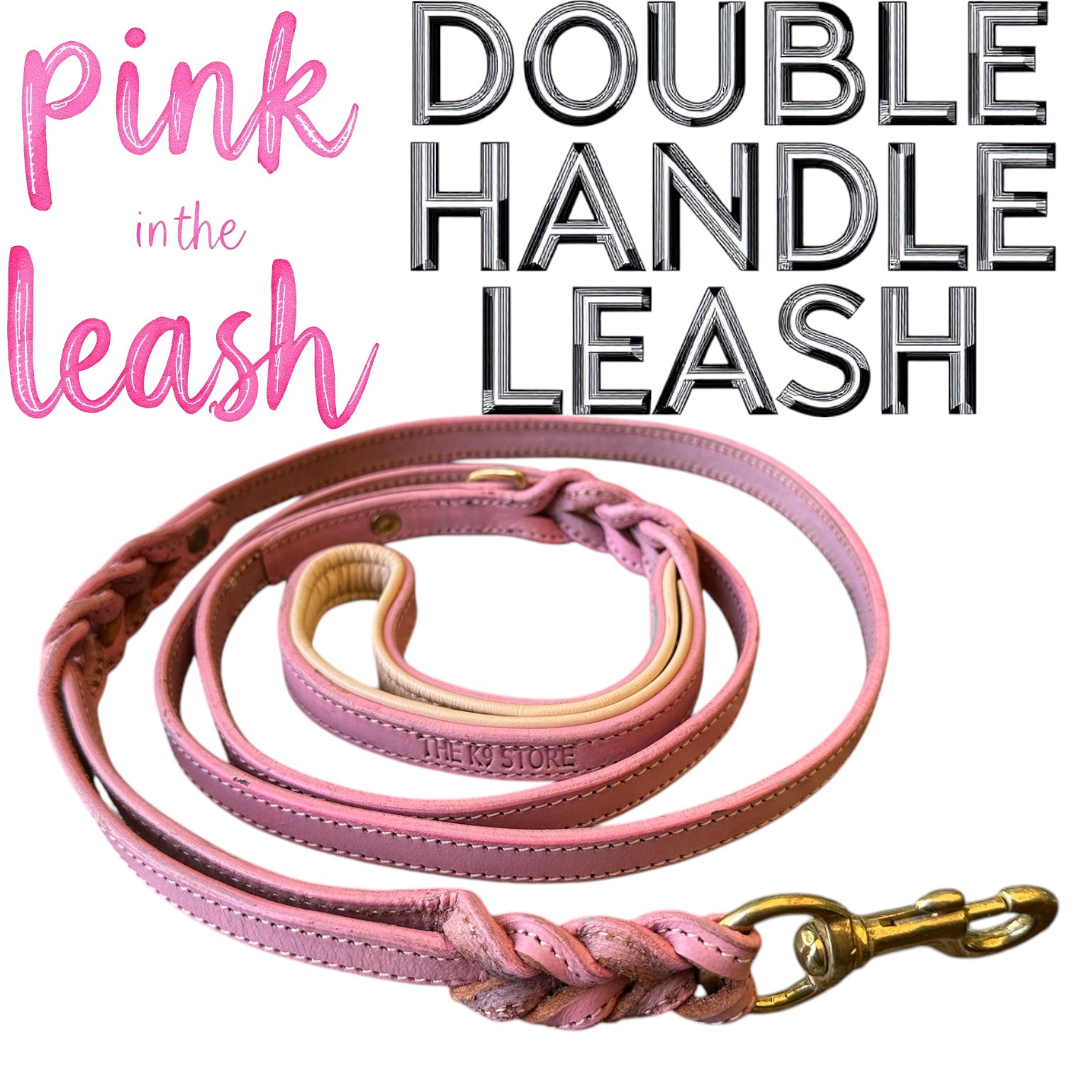 The K9 Store Premium Leather Double Handle Dog Leash, 6 Feet Long With Brass Hooks in Pink Color For All Dog Breeds