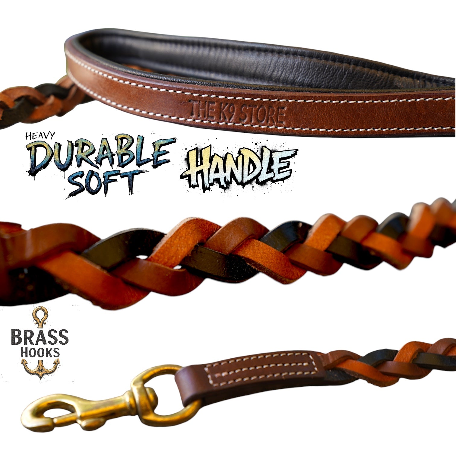 The K9 Store Premium Leather Braided Dog Leash, 5 Feet Long With Brass Hooks In Tricolor (Tan, Chocolate & Black) For All Dog Breeds