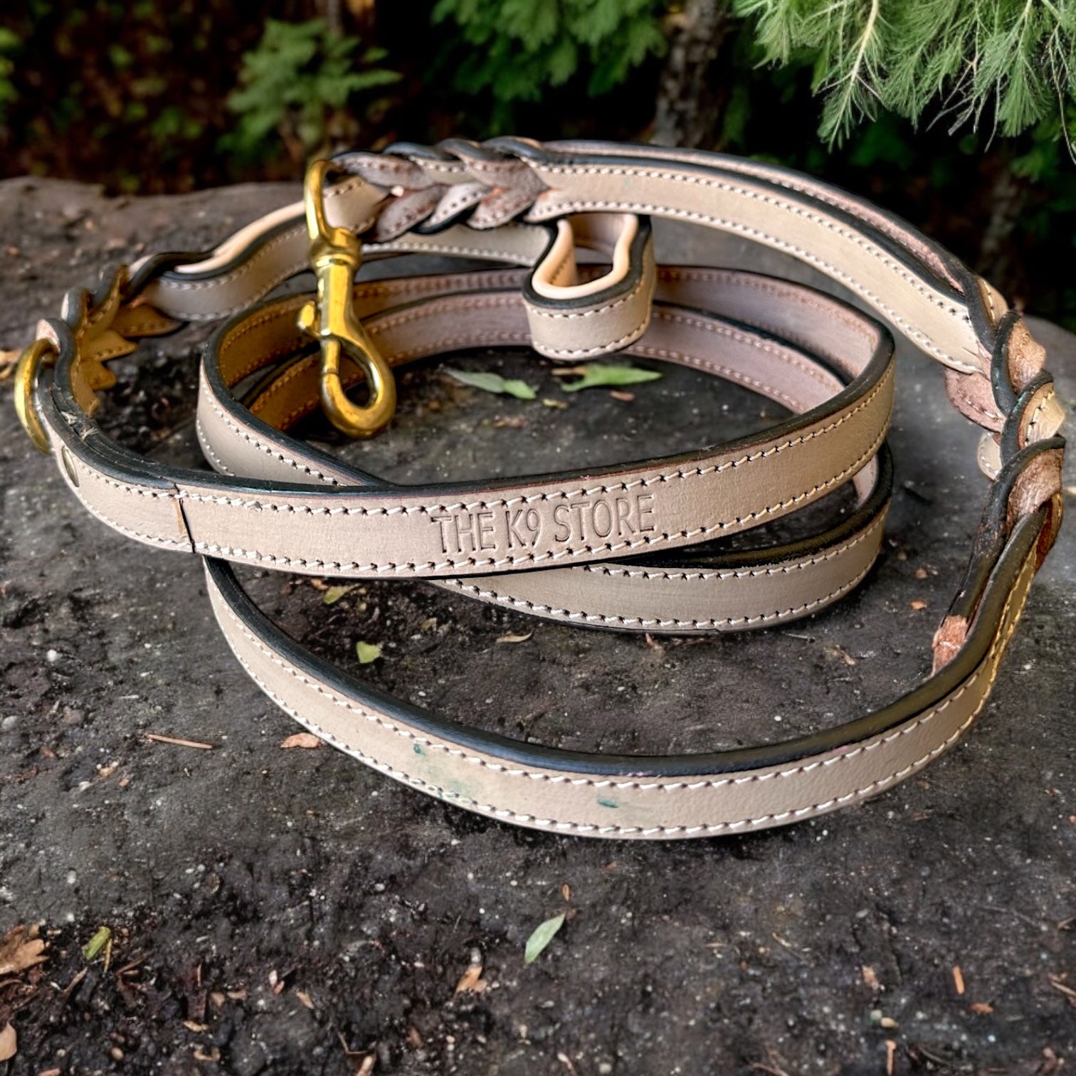 The K9 Store Premium Leather Double Handle Dog Leash, 6 Feet Long With Brass Hooks in Grey Color For All Dog Breeds
