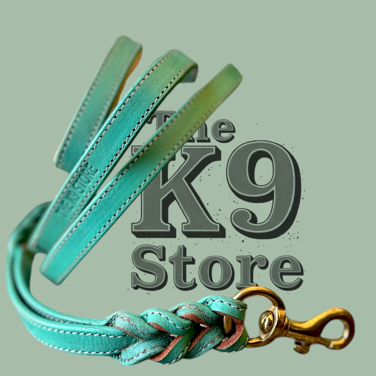 The K9 Store Premium Leather Double Handle Dog Leash, 6 Feet Long With Brass Hooks in Green Mint Color For All Dog Breeds