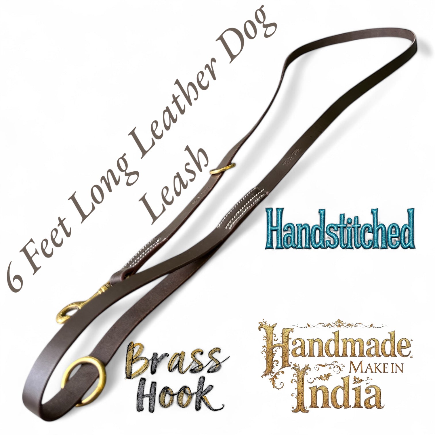 The K9 Store Premium Leather Tri-Stitched Single Handle Dog Leash, 6 Feet Long With Brass Hooks For All Dog Breeds