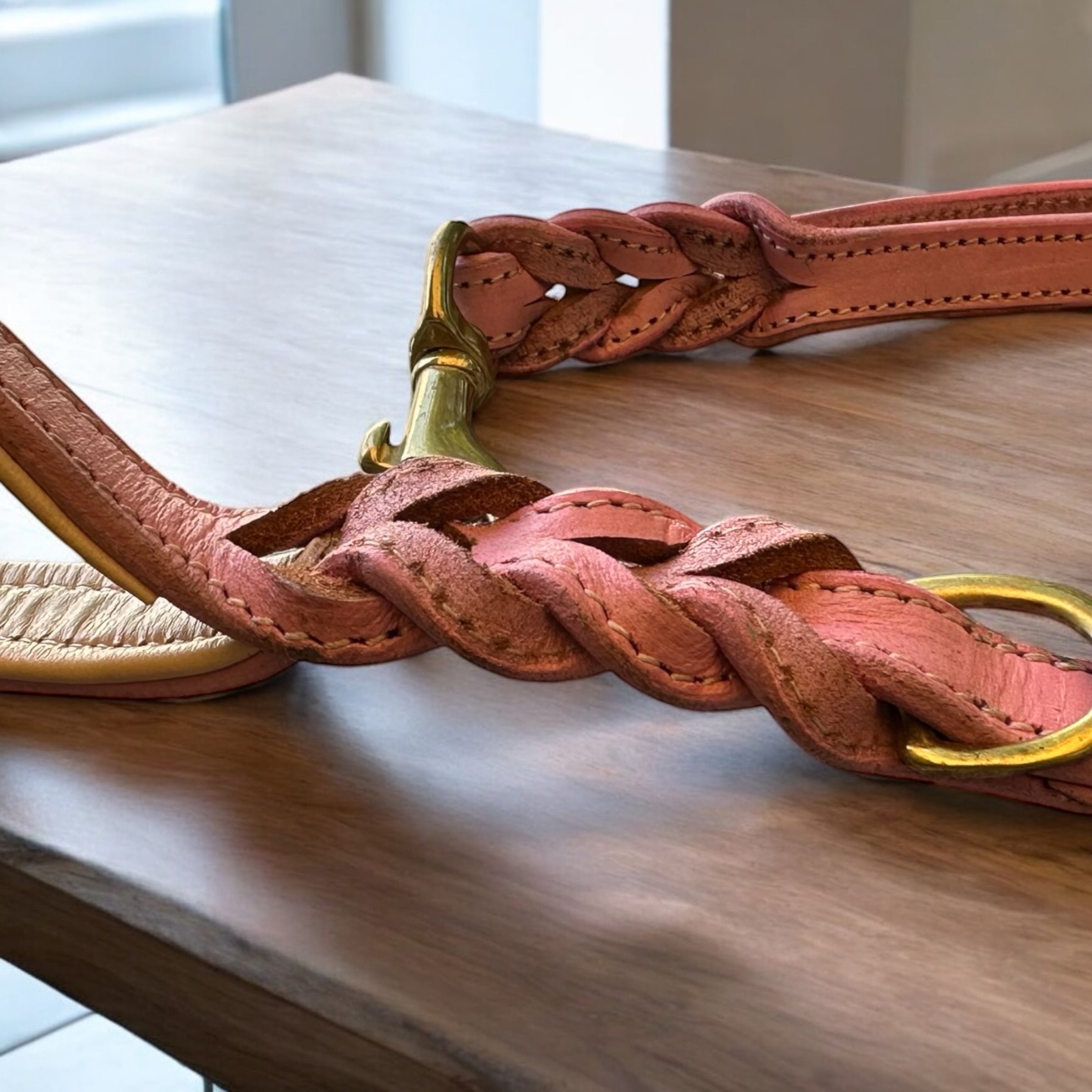 The K9 Store Premium Leather Double Handle Dog Leash, 6 Feet Long With Brass Hooks in Pink Color For All Dog Breeds
