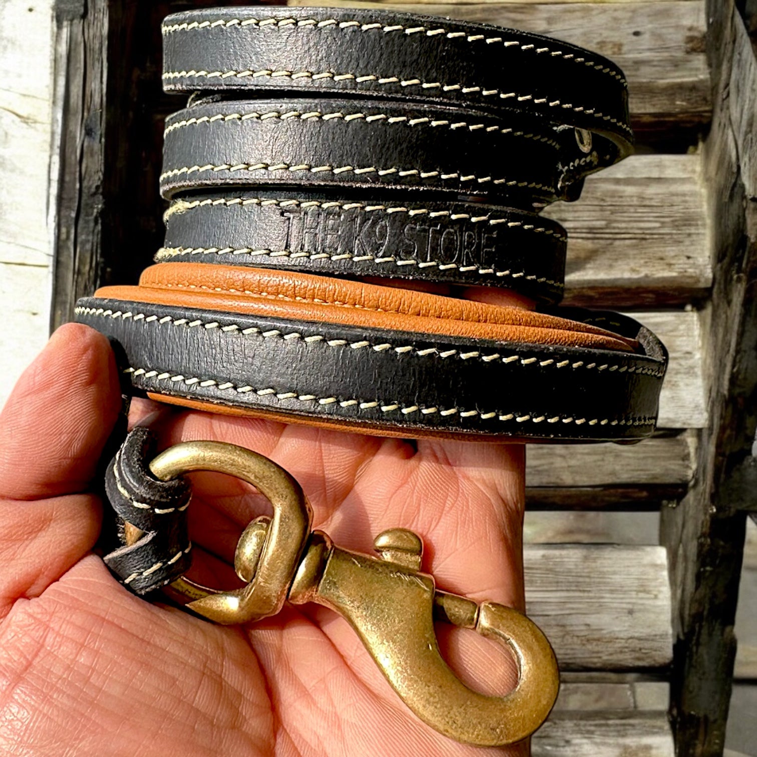 The K9 Store Premium Leather Double Handle Dog Leash, 6 Feet Long With Brass Hooks in Black Color For All Dog Breeds