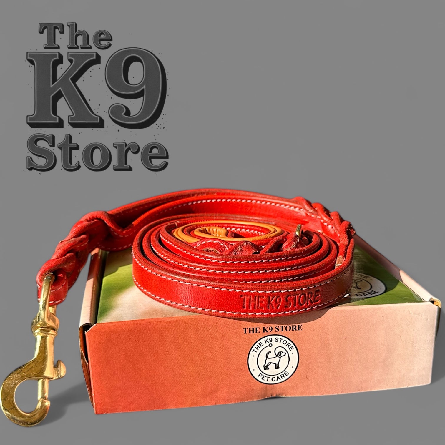 The K9 Store Premium Leather Double Handle Dog Leash, 6 Feet Long With Brass Hooks in Red Color For All Dog Breeds