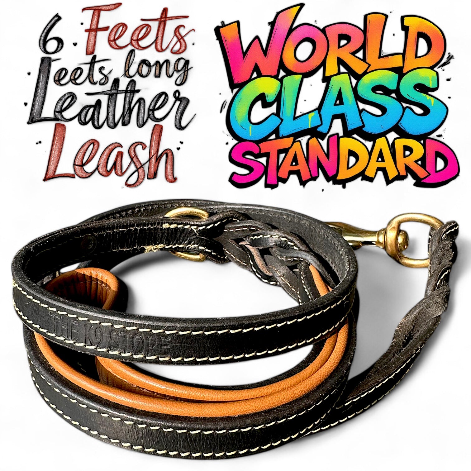 The K9 Store Premium Leather Double Handle Dog Leash, 6 Feet Long With Brass Hooks in Black Color For All Dog Breeds