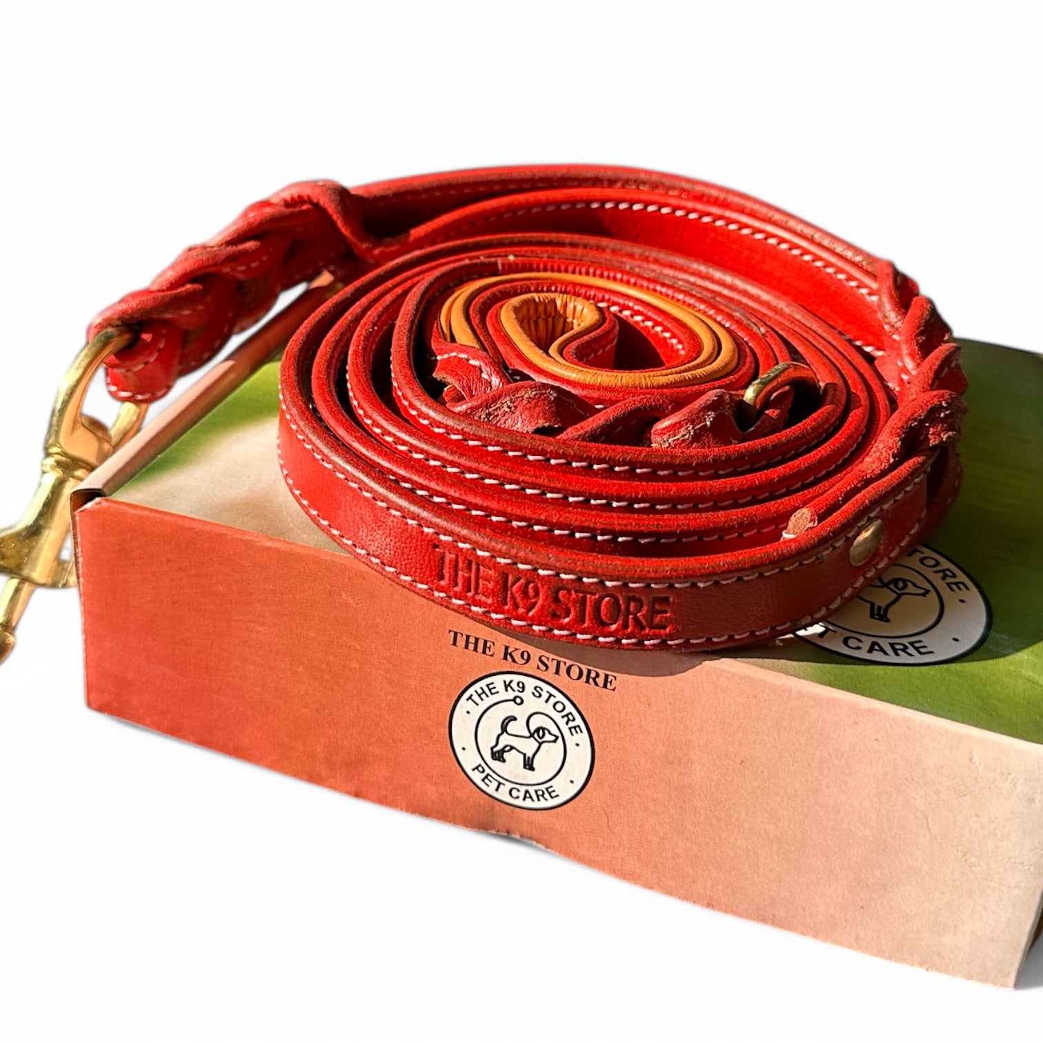 The K9 Store Premium Leather Double Handle Dog Leash, 6 Feet Long With Brass Hooks in Red Color For All Dog Breeds