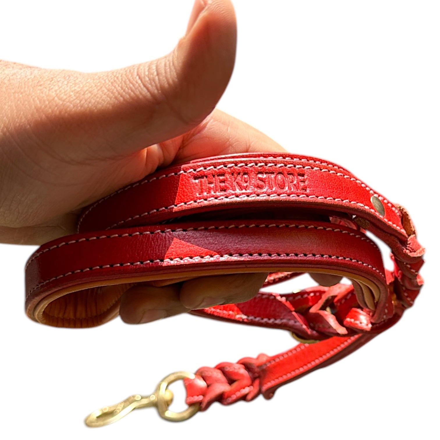 The K9 Store Premium Leather Double Handle Dog Leash, 6 Feet Long With Brass Hooks in Red Color For All Dog Breeds