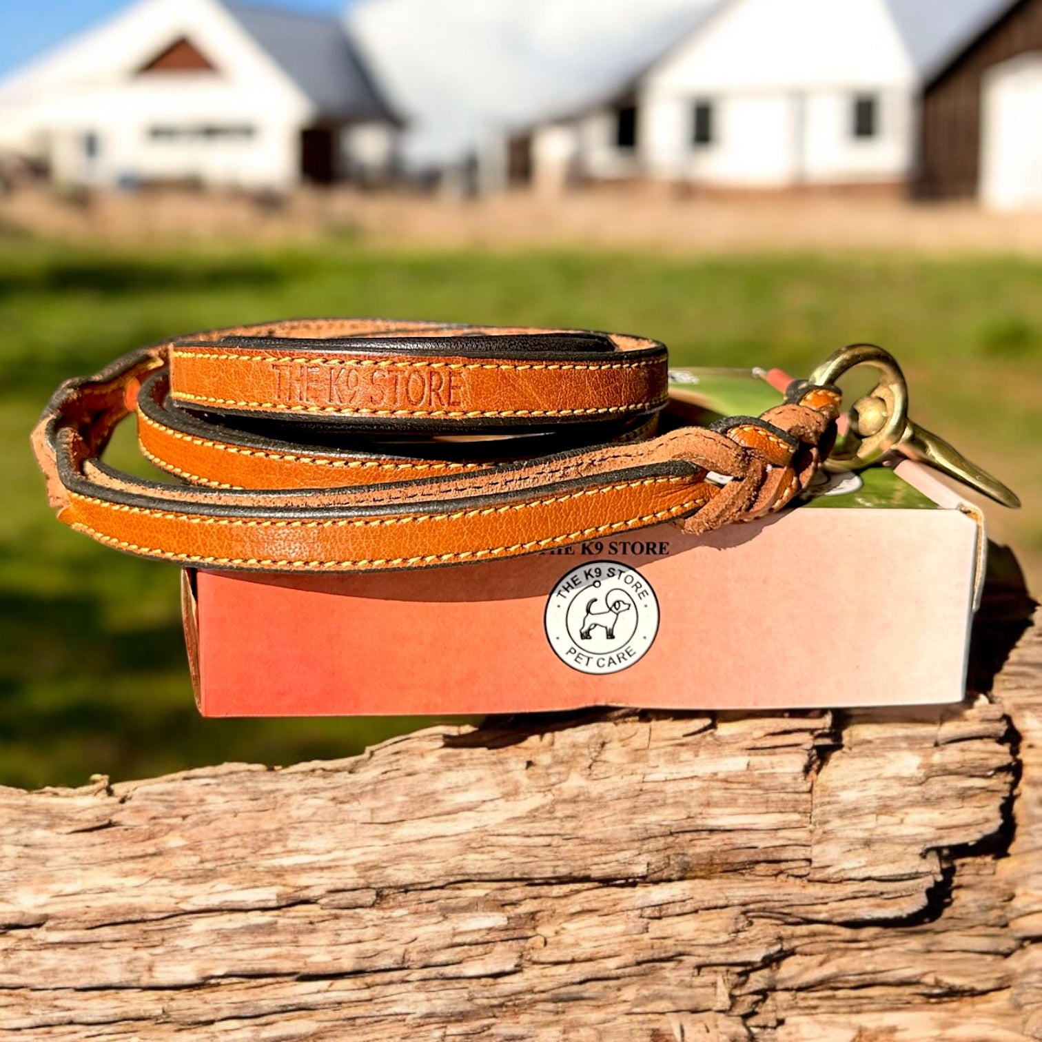 The K9 Store Premium Leather Double Handle Sleek Dog Leash, 6 Feet Long With Brass Hooks in Tan Brown Color For All Dog Breeds