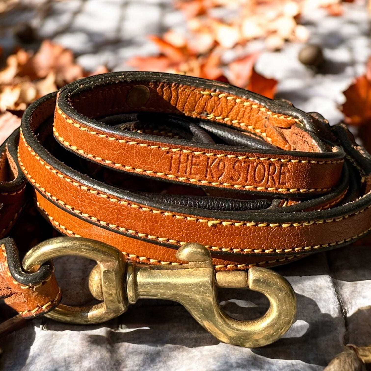 The K9 Store Premium Leather Double Handle Sleek Dog Leash, 6 Feet Long With Brass Hooks in Tan Brown Color For All Dog Breeds