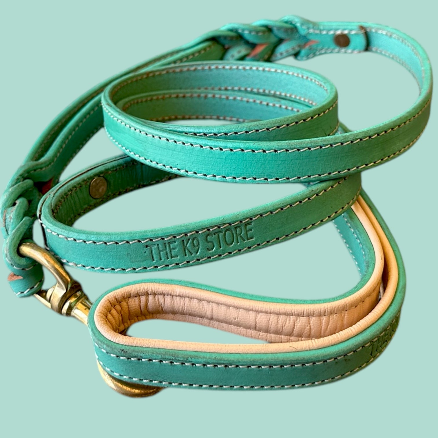 The K9 Store Premium Leather Double Handle Dog Leash, 6 Feet Long With Brass Hooks in Green Mint Color For All Dog Breeds