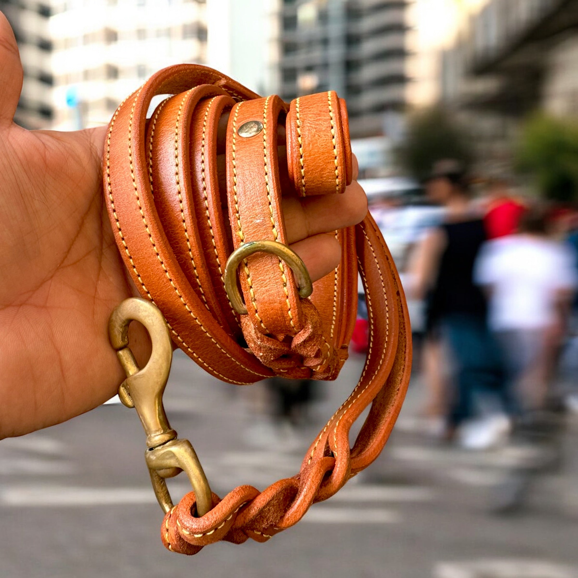 The K9 Store Premium Leather Double Handle Dog Leash, 6 Feet Long With Brass Hooks in Tan Brown Color For All Dog Breeds