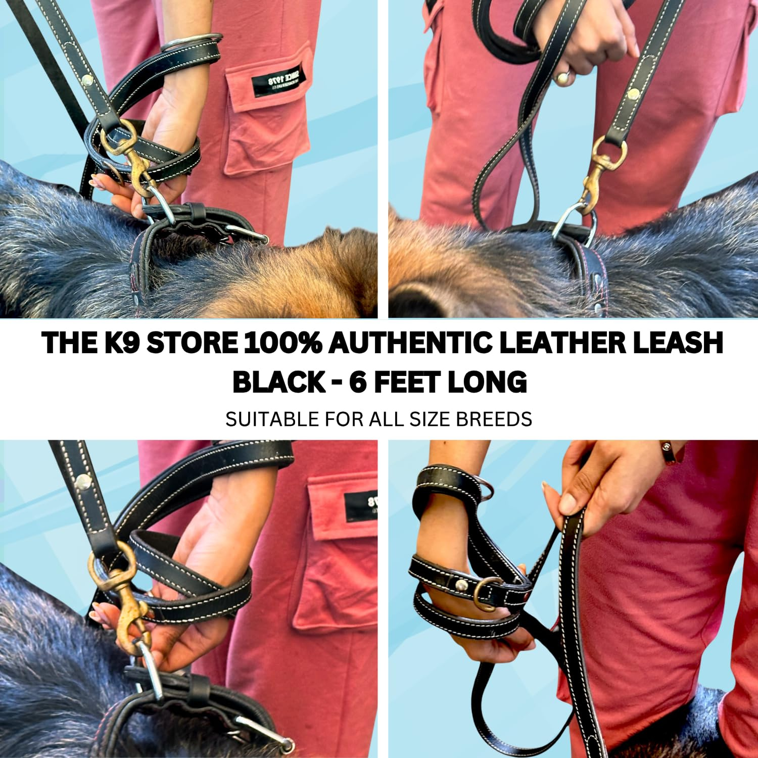 The K9 Store Premium Leather Single Handle Dog Leash, 6 Feet/5 Feet Long With Brass Hooks In Black Color For All Dog Breeds