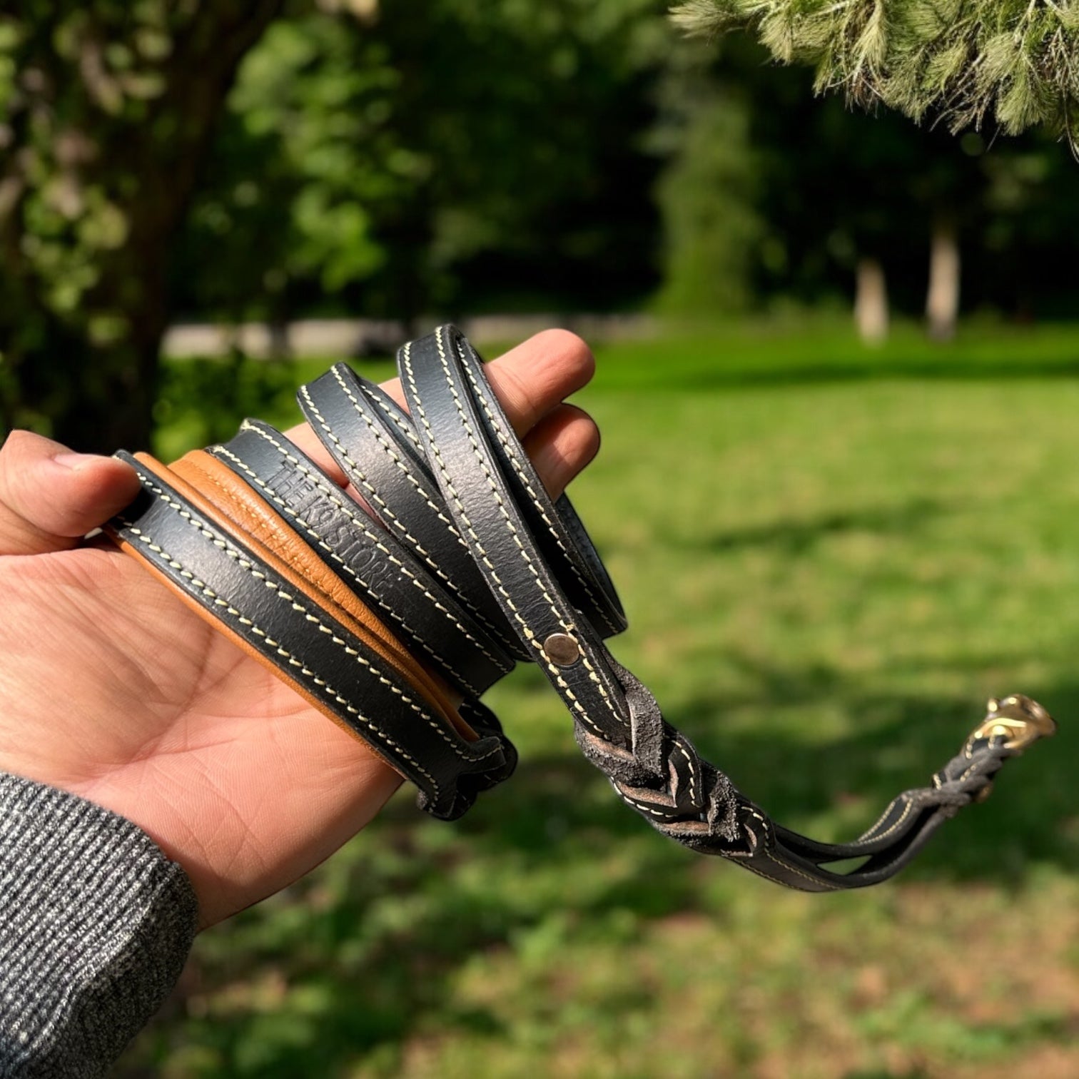 The K9 Store Premium Leather Double Handle Dog Leash, 6 Feet Long With Brass Hooks in Black Color For All Dog Breeds