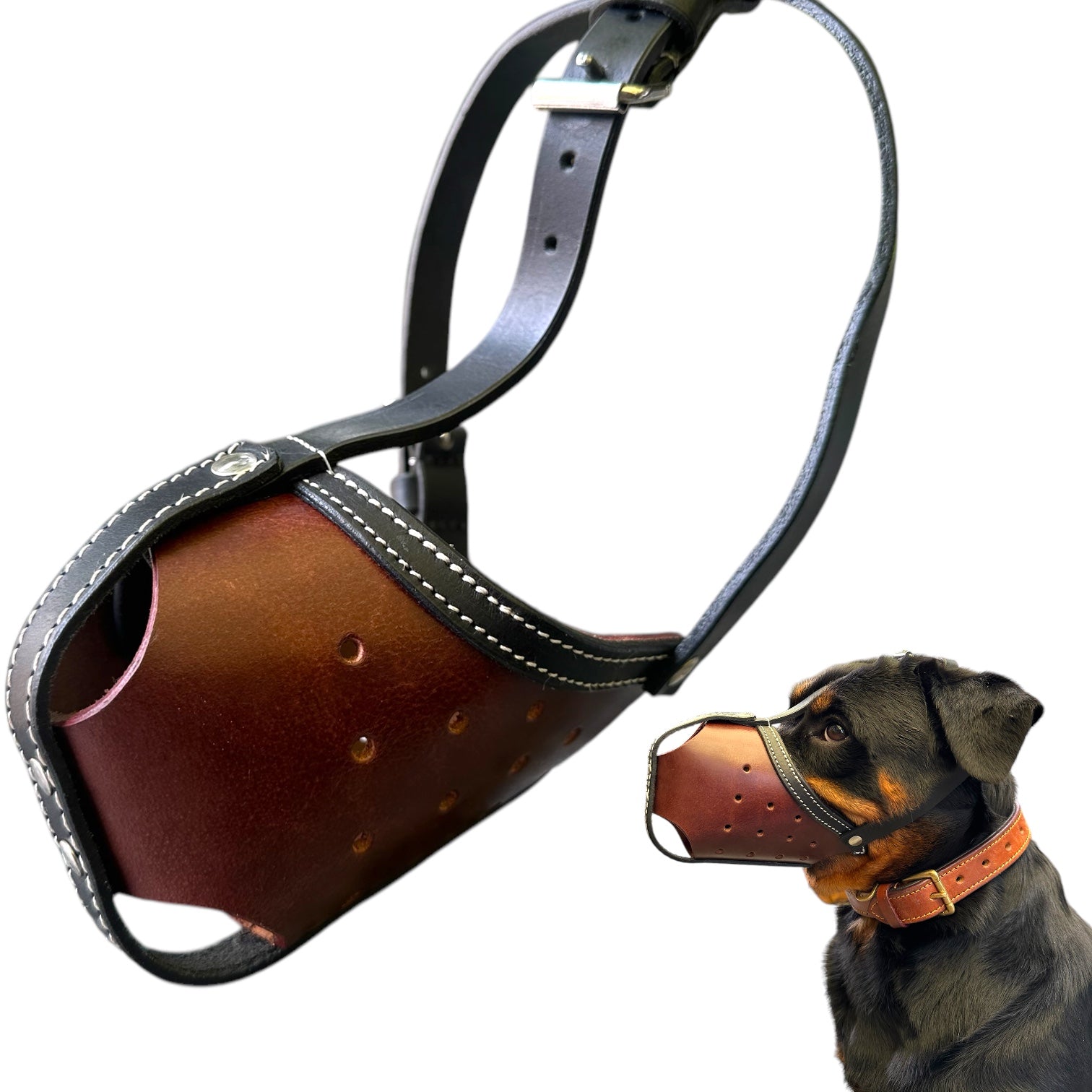 The K9 Store Premium Leather Dog Muzzle, Handstitched Mask for Gaint, Large & Medium Dog Breeds in Black/Tan Color
