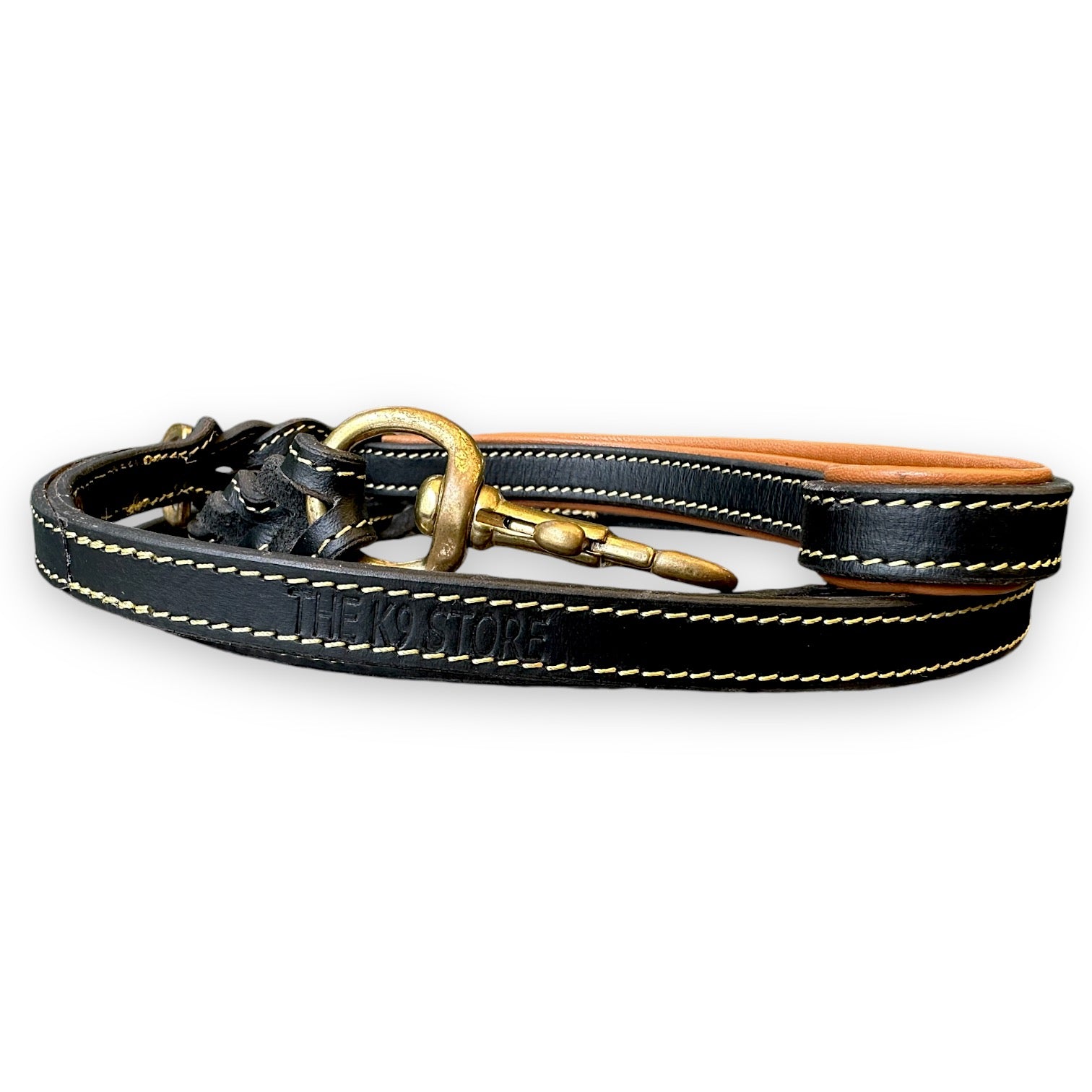 The K9 Store Premium Leather Double Handle Dog Leash, 6 Feet Long With Brass Hooks in Black Color For All Dog Breeds