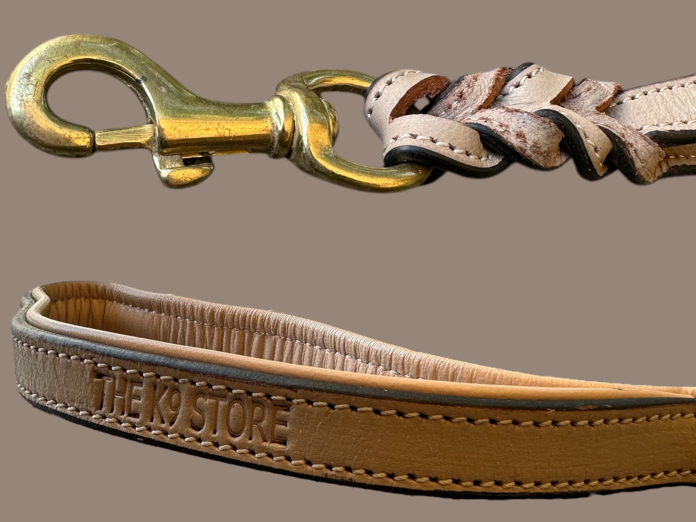The K9 Store Premium Leather Double Handle Dog Leash, 6 Feet Long With Brass Hooks in Grey Color For All Dog Breeds