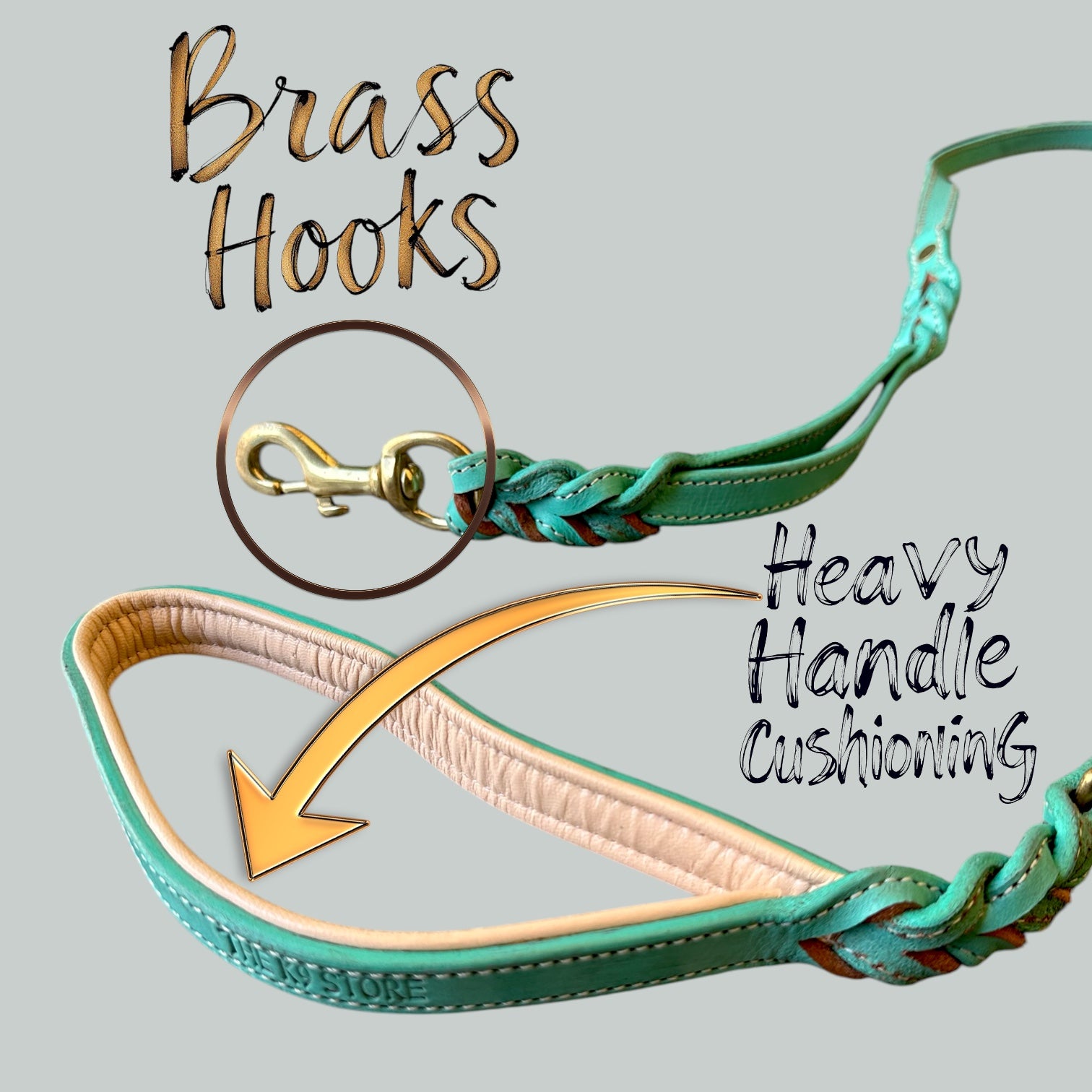The K9 Store Premium Leather Double Handle Dog Leash, 6 Feet Long With Brass Hooks in Green Mint Color For All Dog Breeds