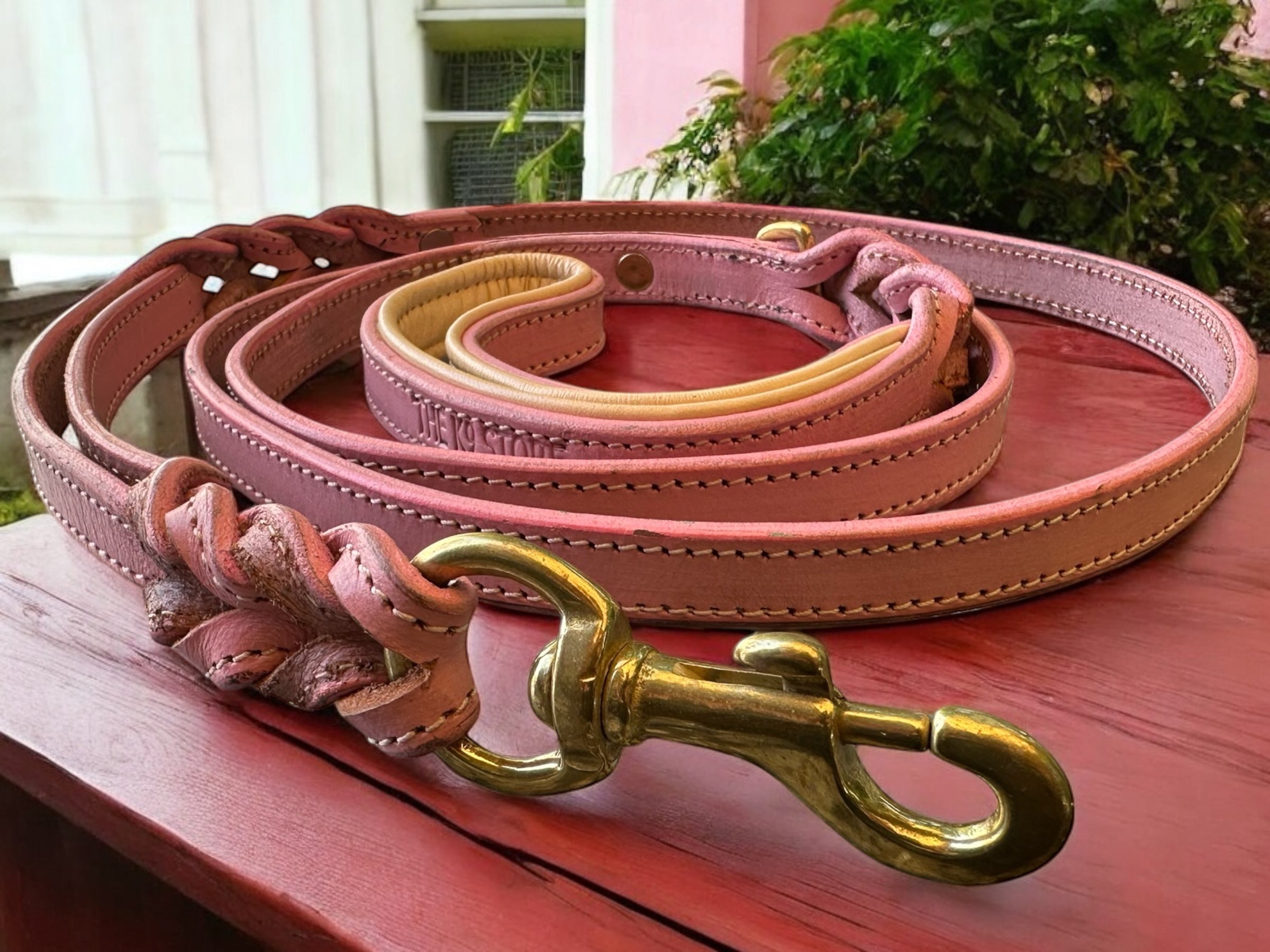 The K9 Store Premium Leather Double Handle Dog Leash, 6 Feet Long With Brass Hooks in Pink Color For All Dog Breeds