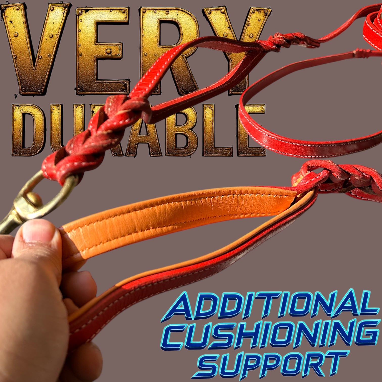 The K9 Store Premium Leather Double Handle Dog Leash, 6 Feet Long With Brass Hooks in Red Color For All Dog Breeds