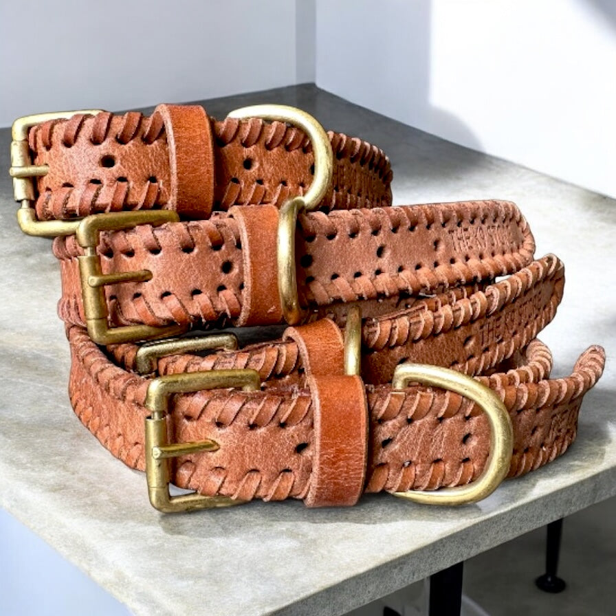 The K9 Store 100% Highgrade Leather Side Braided Designer Dog Neck Collar (Tan)