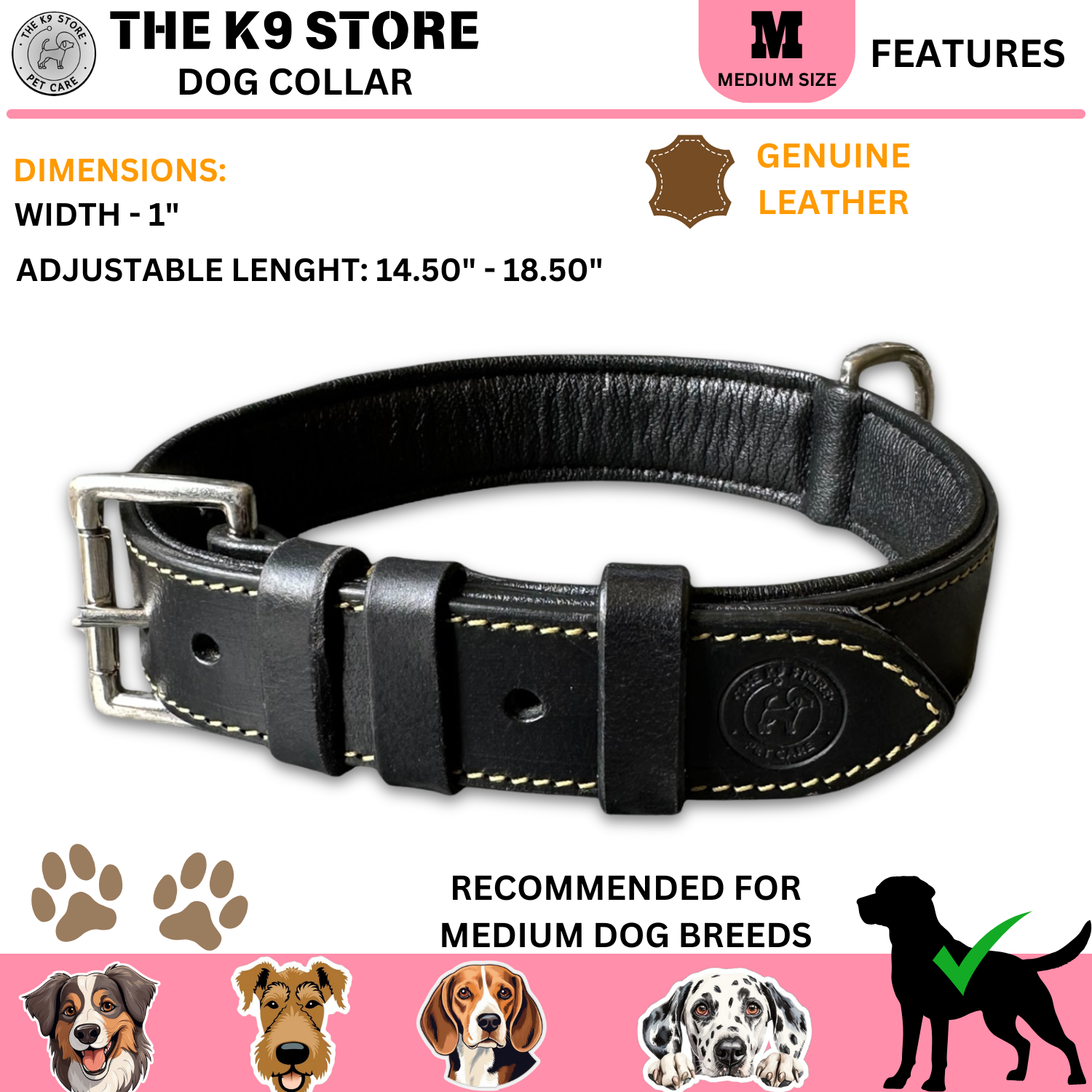 the k9 store black leather collar M size dimensions