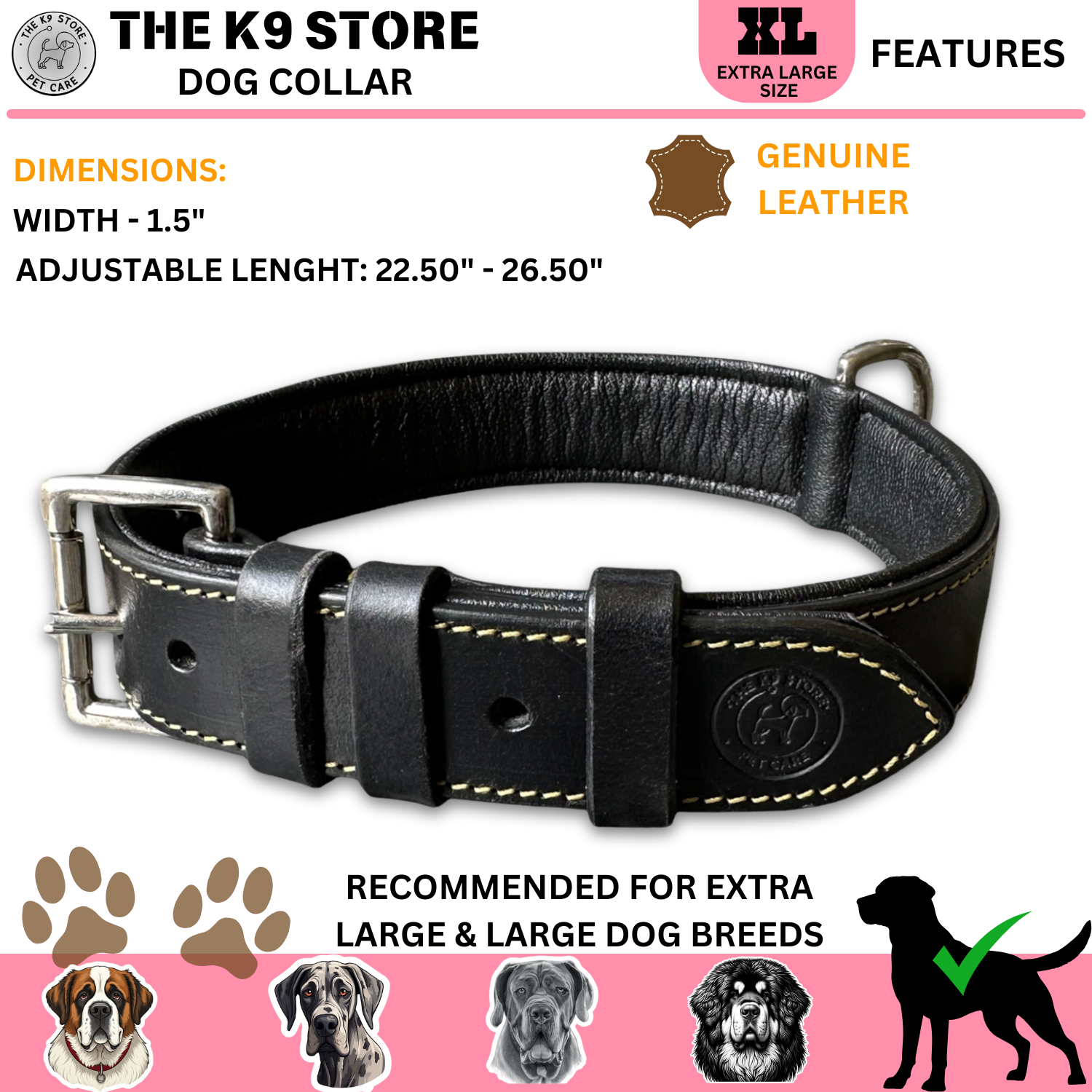 the k9 store black leather collar XL size dimensions