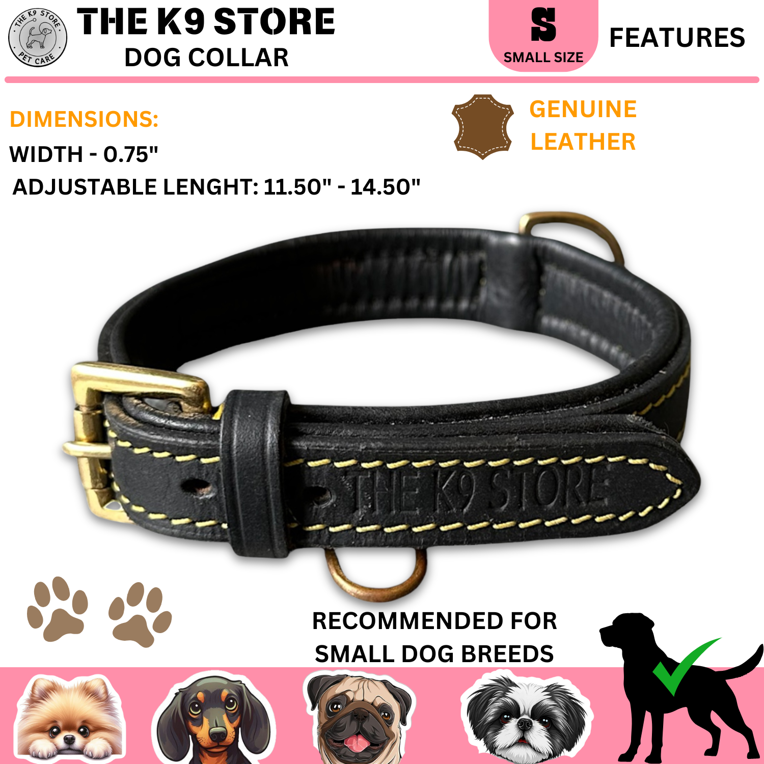 the k9 store black leather collar small size dimensions