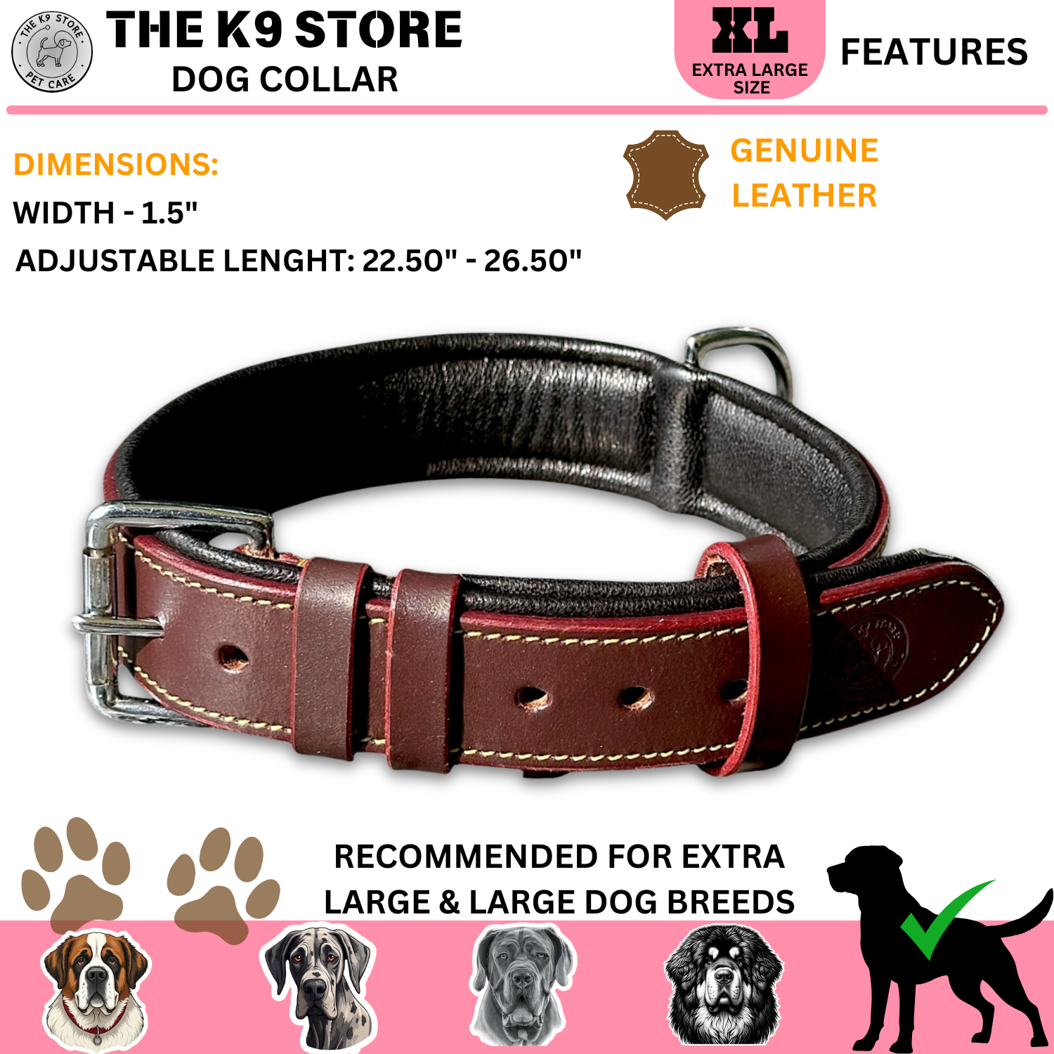 The K9 Store chocolate color neck collar XL size dimensions